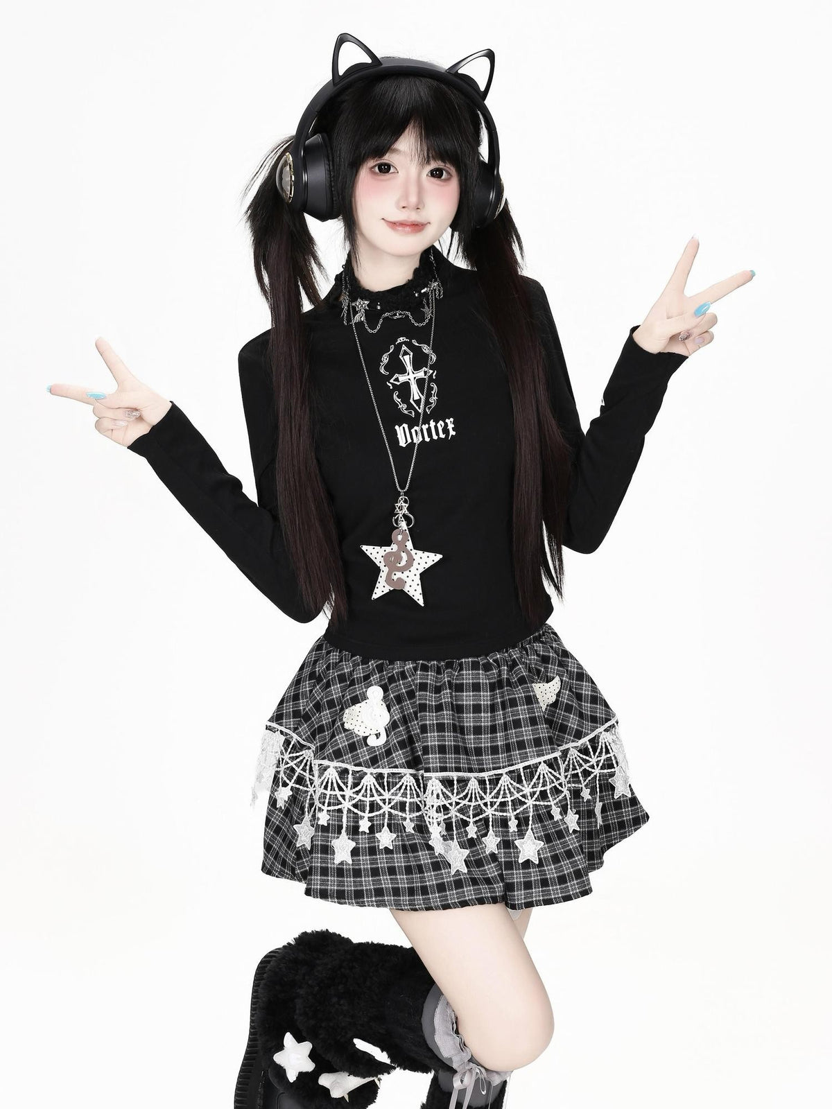 CRAZYGIRL Star Lace Trim Plaid Elastic Waist Tiered Women&