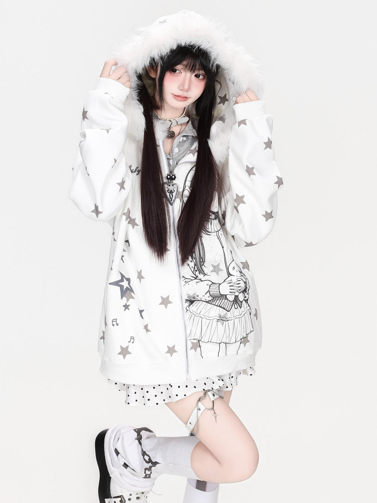 CRAZYGIRL Star Print Faux Fur Trim Hooded Loose Fit Japanese Women&
