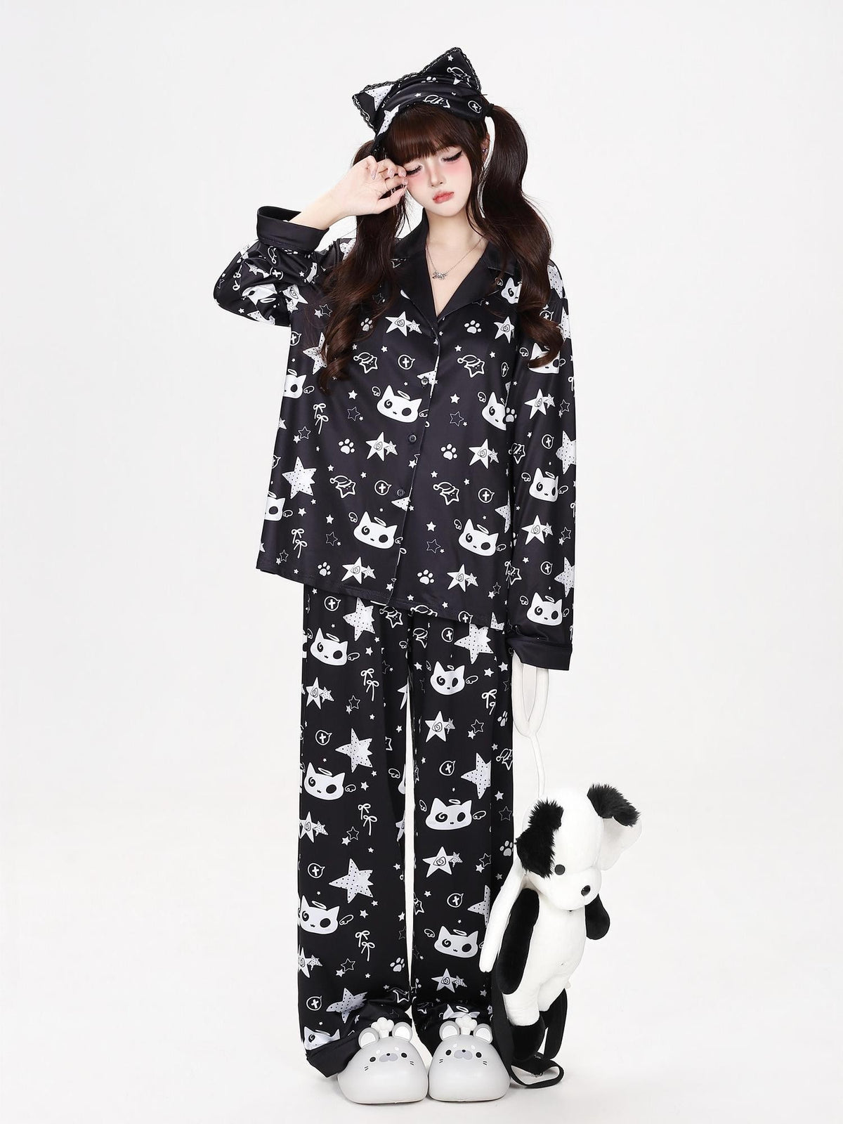 CRAZYGIRL Star Print Loose Fit Long Sleeve Button Front Women&