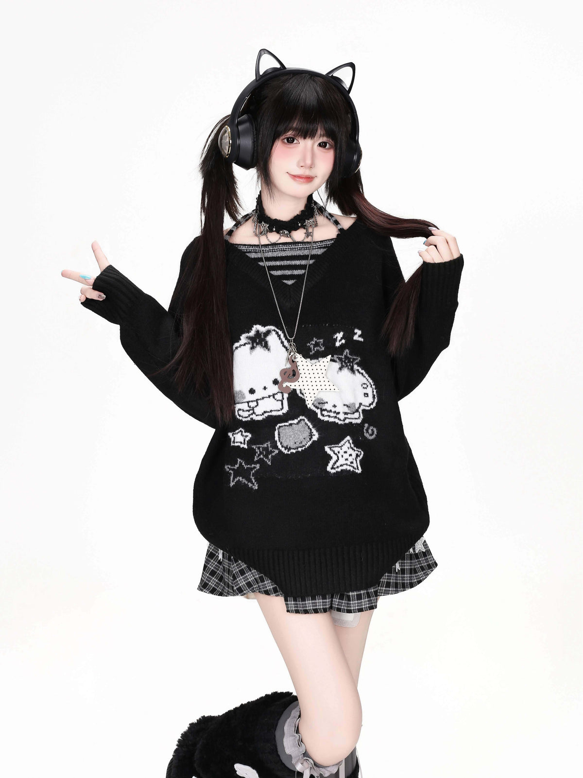 CRAZYGIRL_Striped_Cat_V-neck_Loose_Knit_Pullover_Women&