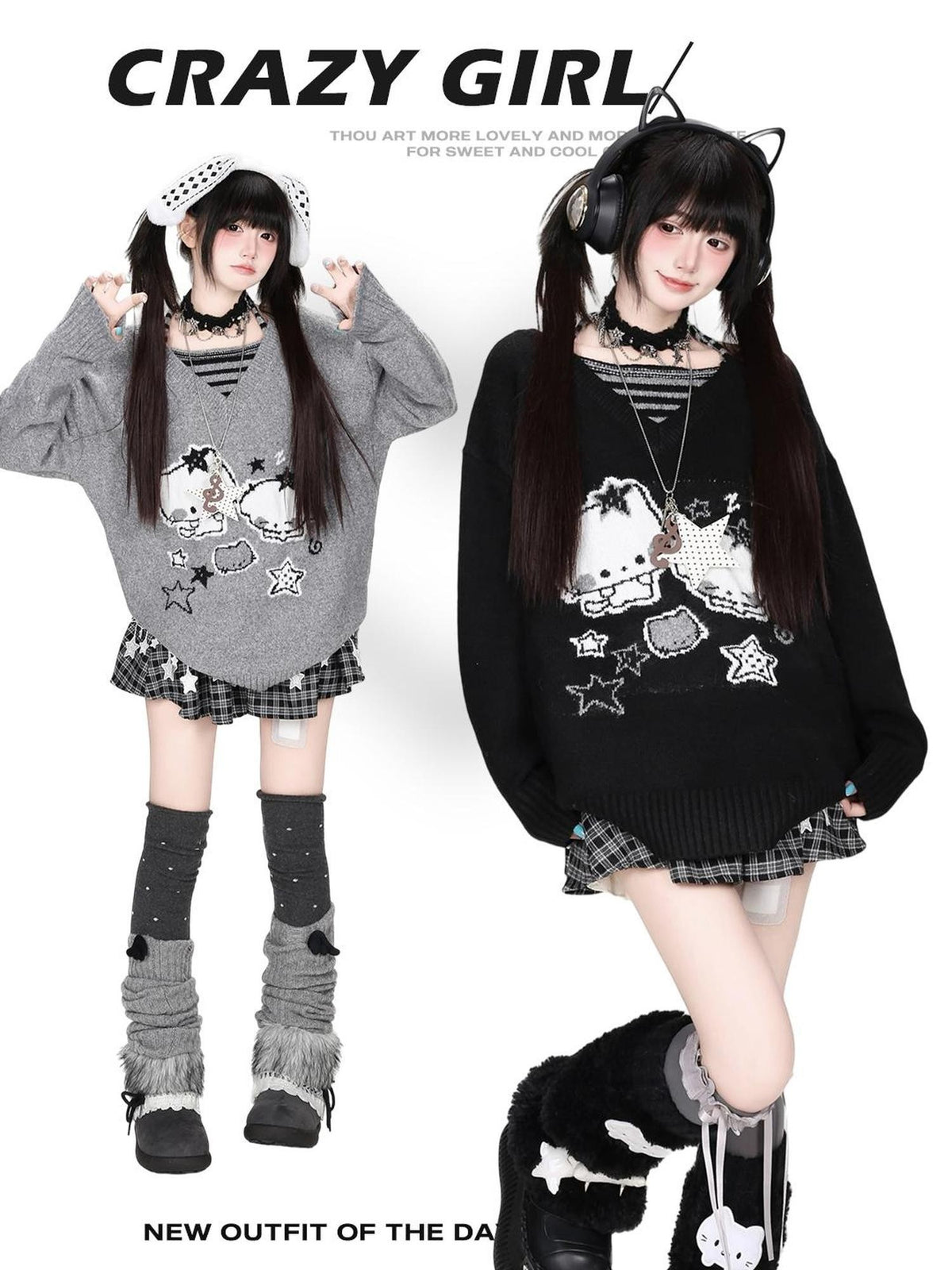 CRAZYGIRL Striped Cat V-neck Loose Knit Pullover Women&