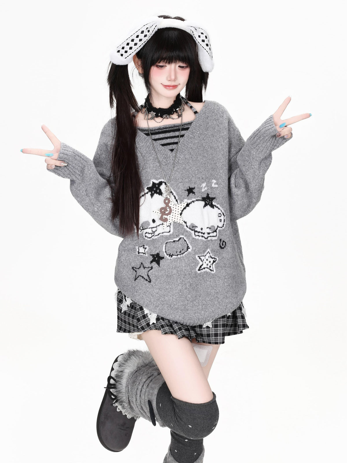 CRAZYGIRL Striped Cat V-neck Loose Knit Pullover Women&