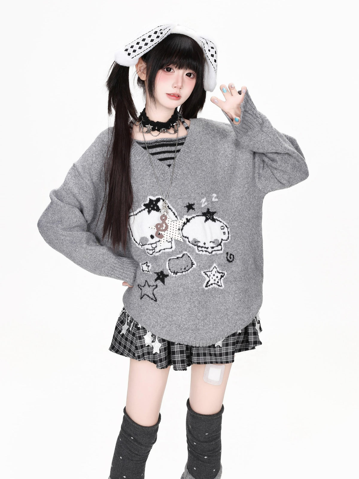 CRAZYGIRL Striped Cat V-neck Loose Knit Pullover Women&