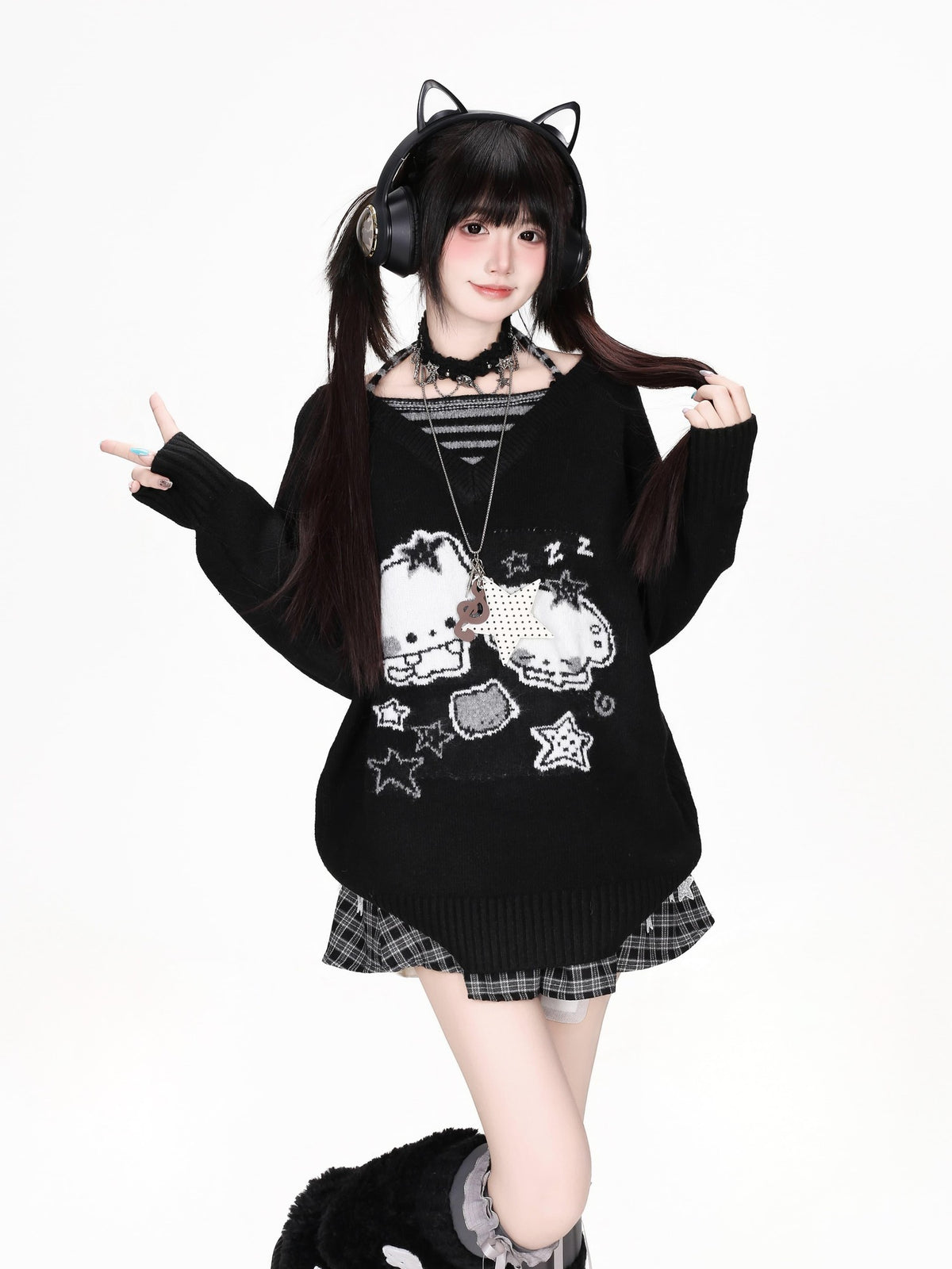 CRAZYGIRL Striped Cat V-neck Loose Knit Pullover Women&