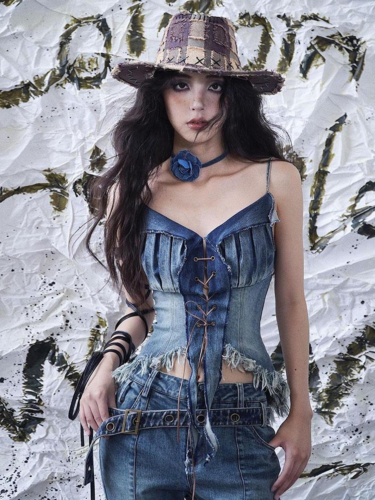 WSW WUSHENWU California Babe Sexy Strappy Denim Top