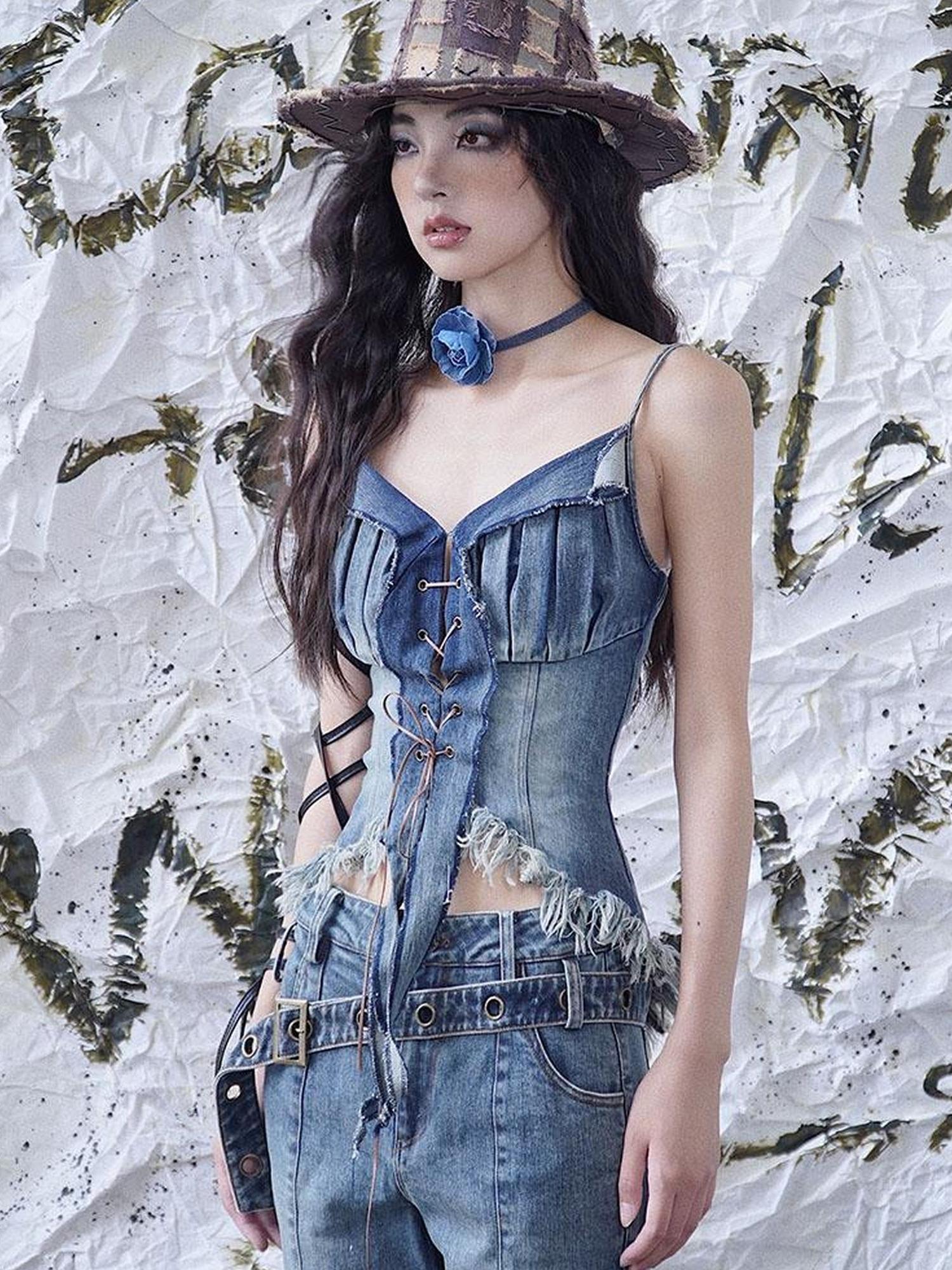 WSW WUSHENWU California Babe Sexy Strappy Denim Top