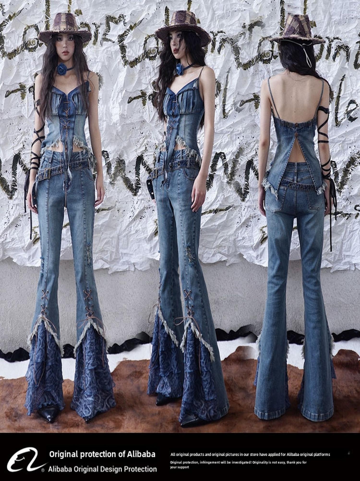WSW WUSHENWU California Babe Sexy Strappy Denim Top