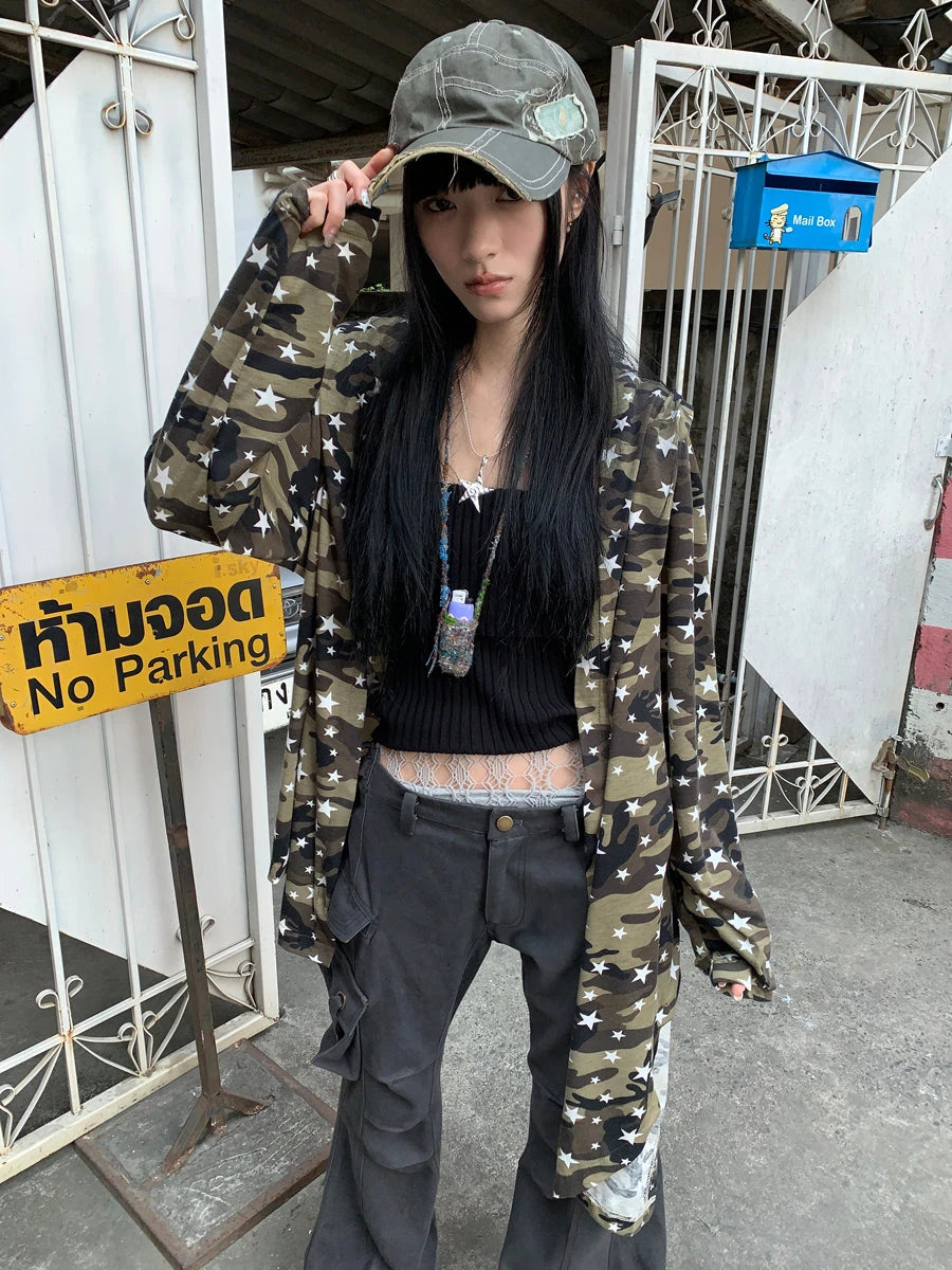 Punk Star Camo Cropped Hoodie Top