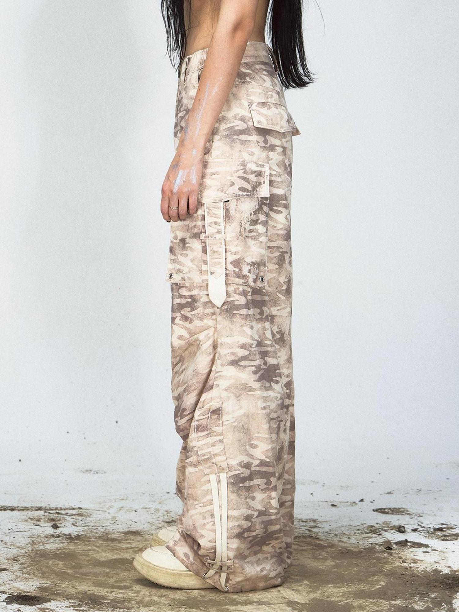 Peoplesense Camouflage Cotton Cargo Pants Loose Fit Drawstring Waist