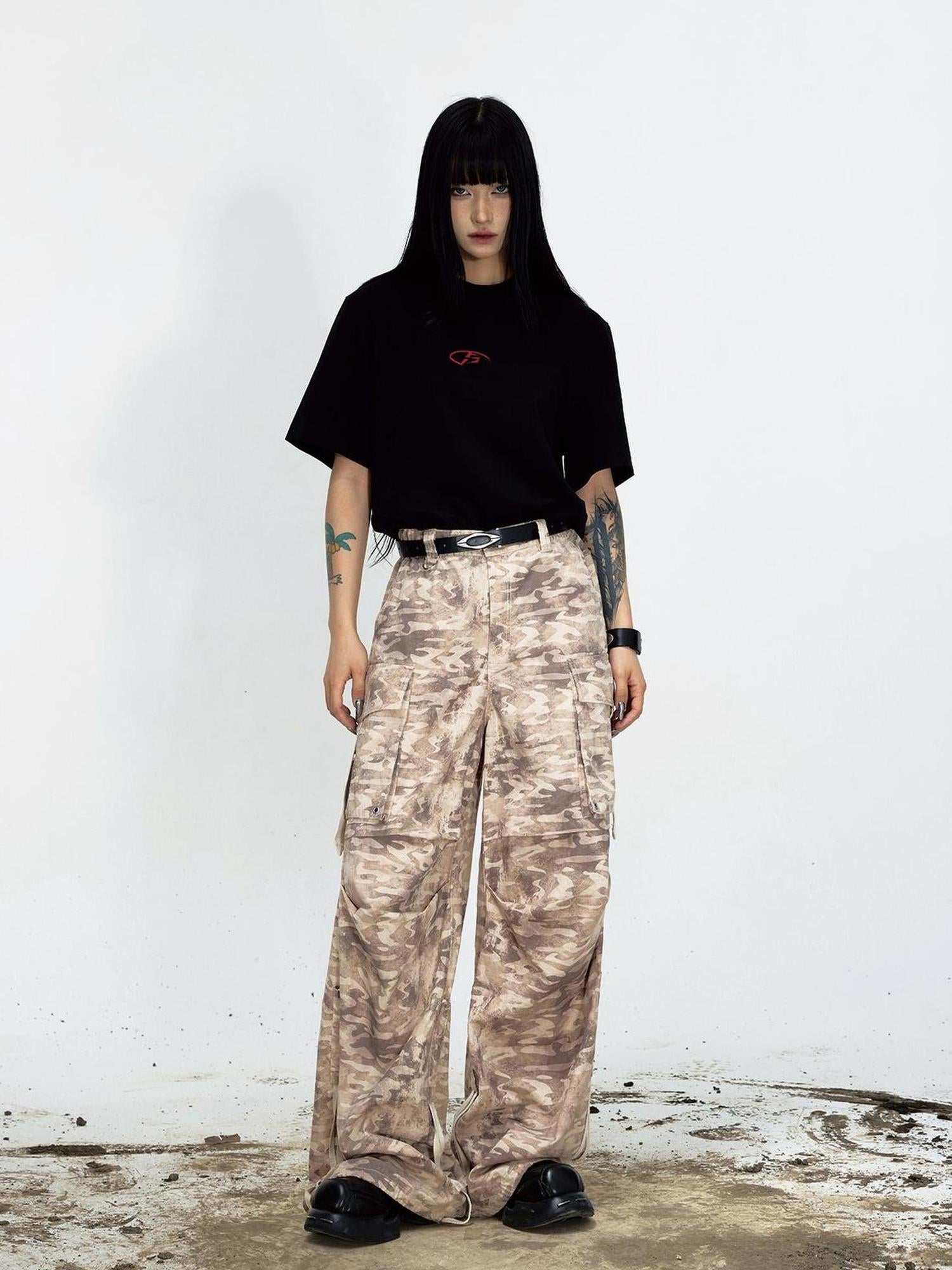 Peoplesense Camouflage Cotton Cargo Pants Loose Fit Drawstring Waist