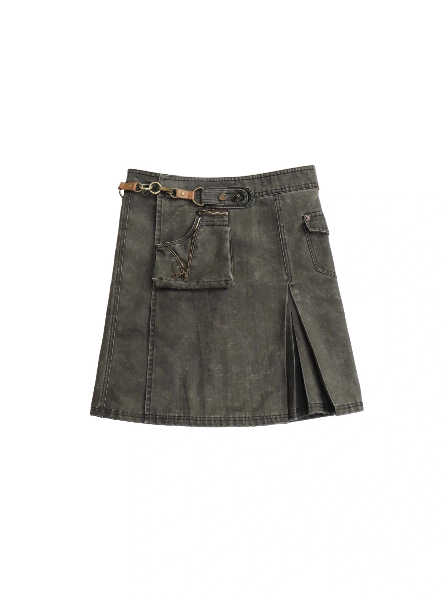 Asymmetrical Leather Panel Midi Skirt with Dual Tone Washable Pu