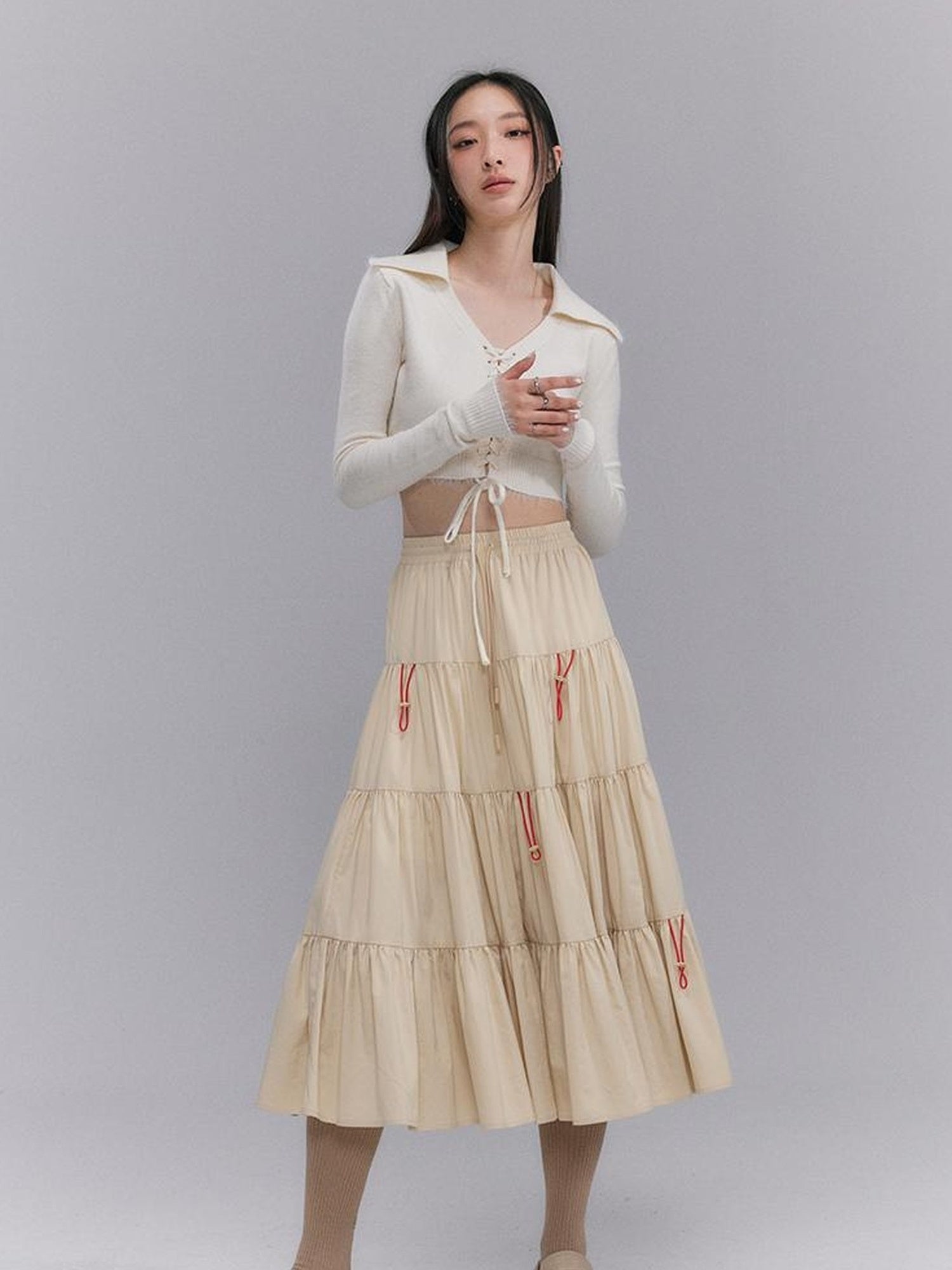 DIDDI MODA Casual Khaki Tiered A Line Skirt With Layered Ruffles