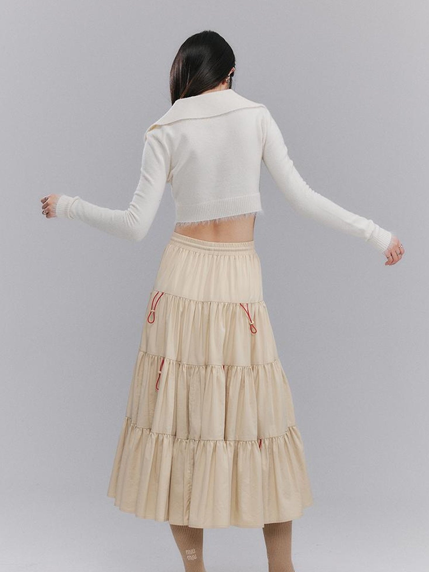 DIDDI MODA Casual Khaki Tiered A Line Skirt With Layered Ruffles