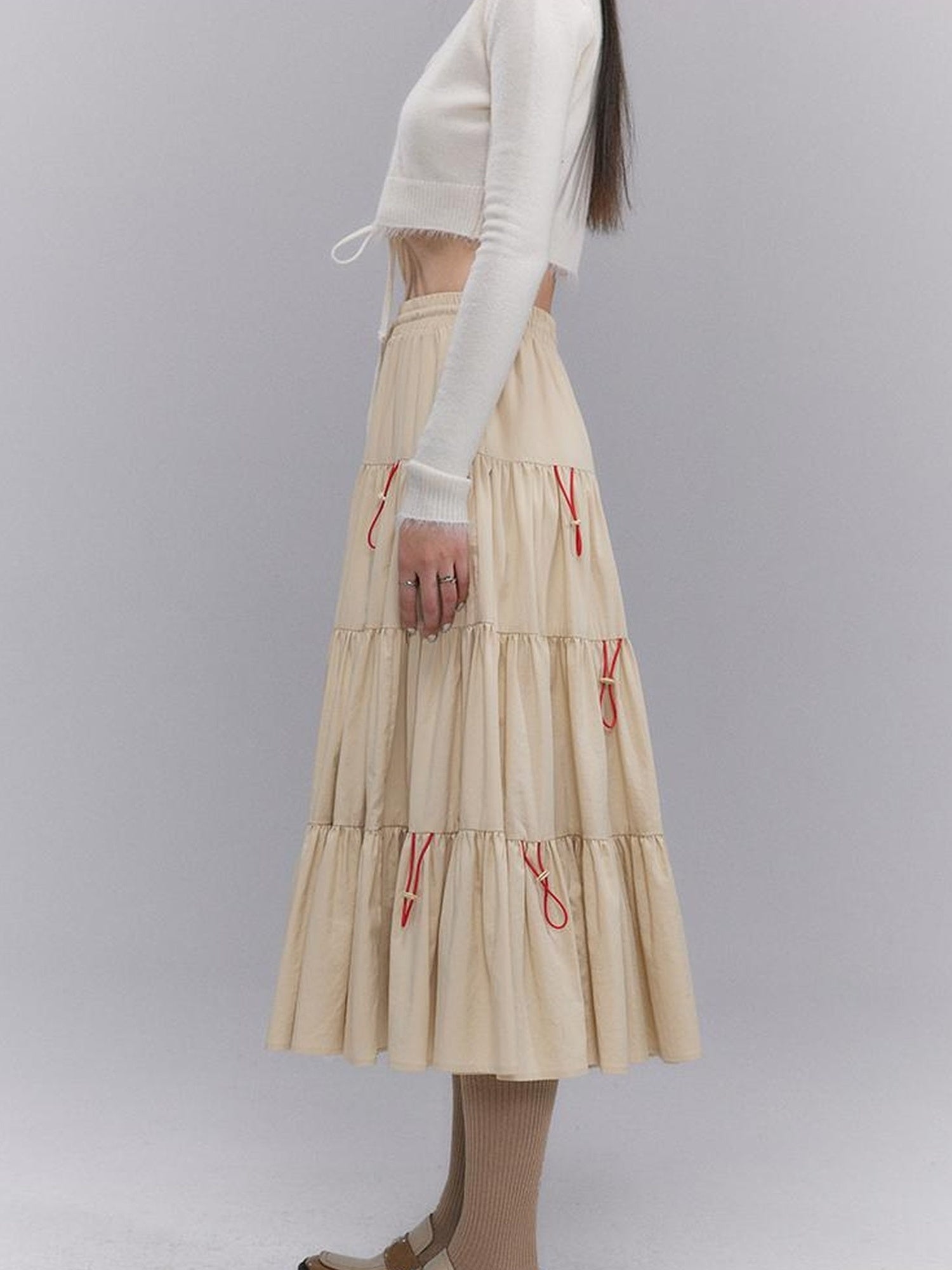 DIDDI MODA Casual Khaki Tiered A Line Skirt With Layered Ruffles