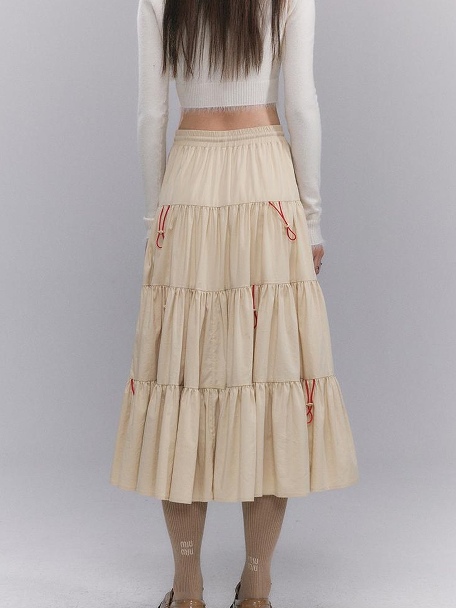DIDDI MODA Casual Khaki Tiered A Line Skirt With Layered Ruffles