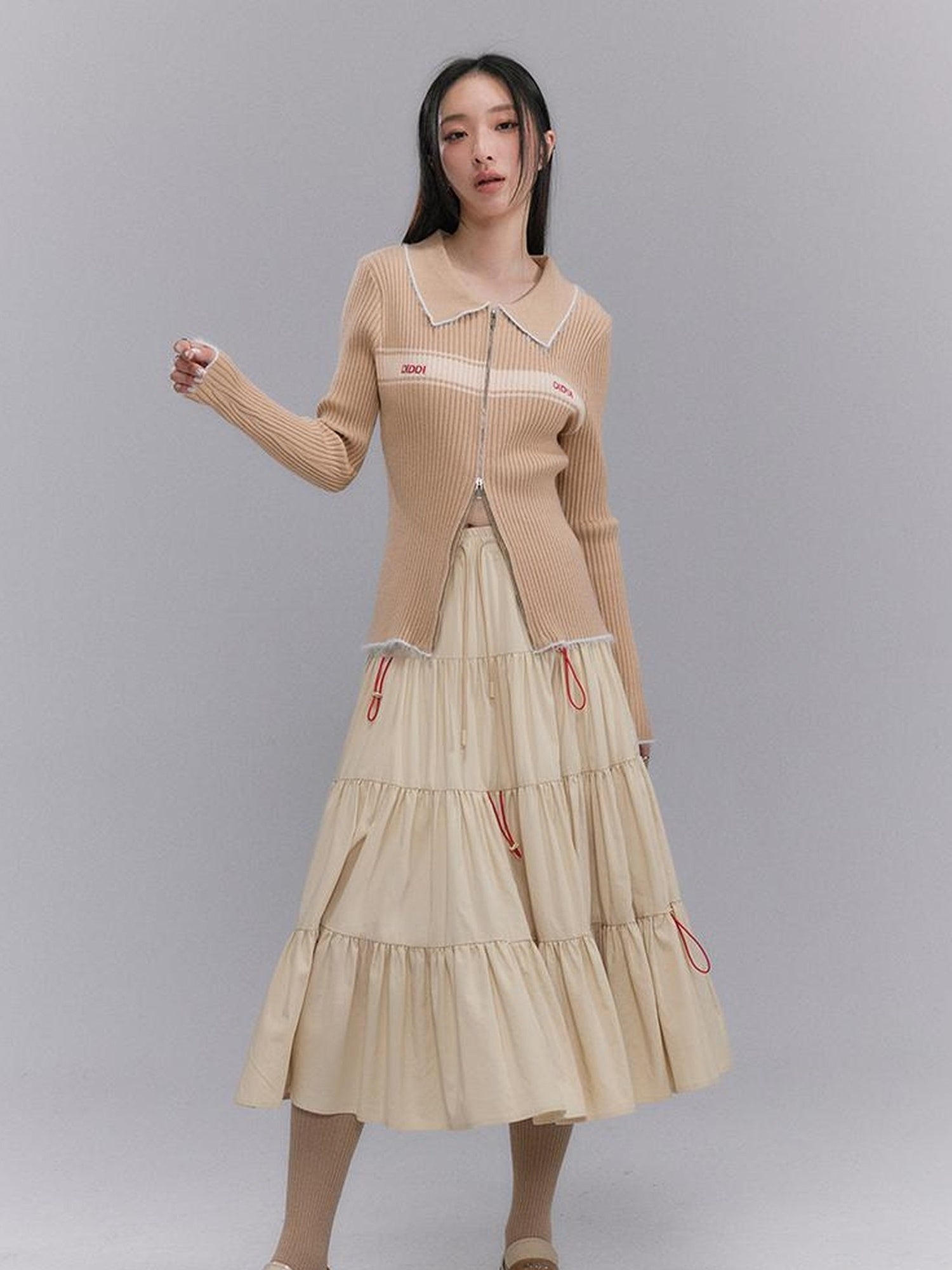 DIDDI MODA Casual Khaki Tiered A Line Skirt With Layered Ruffles