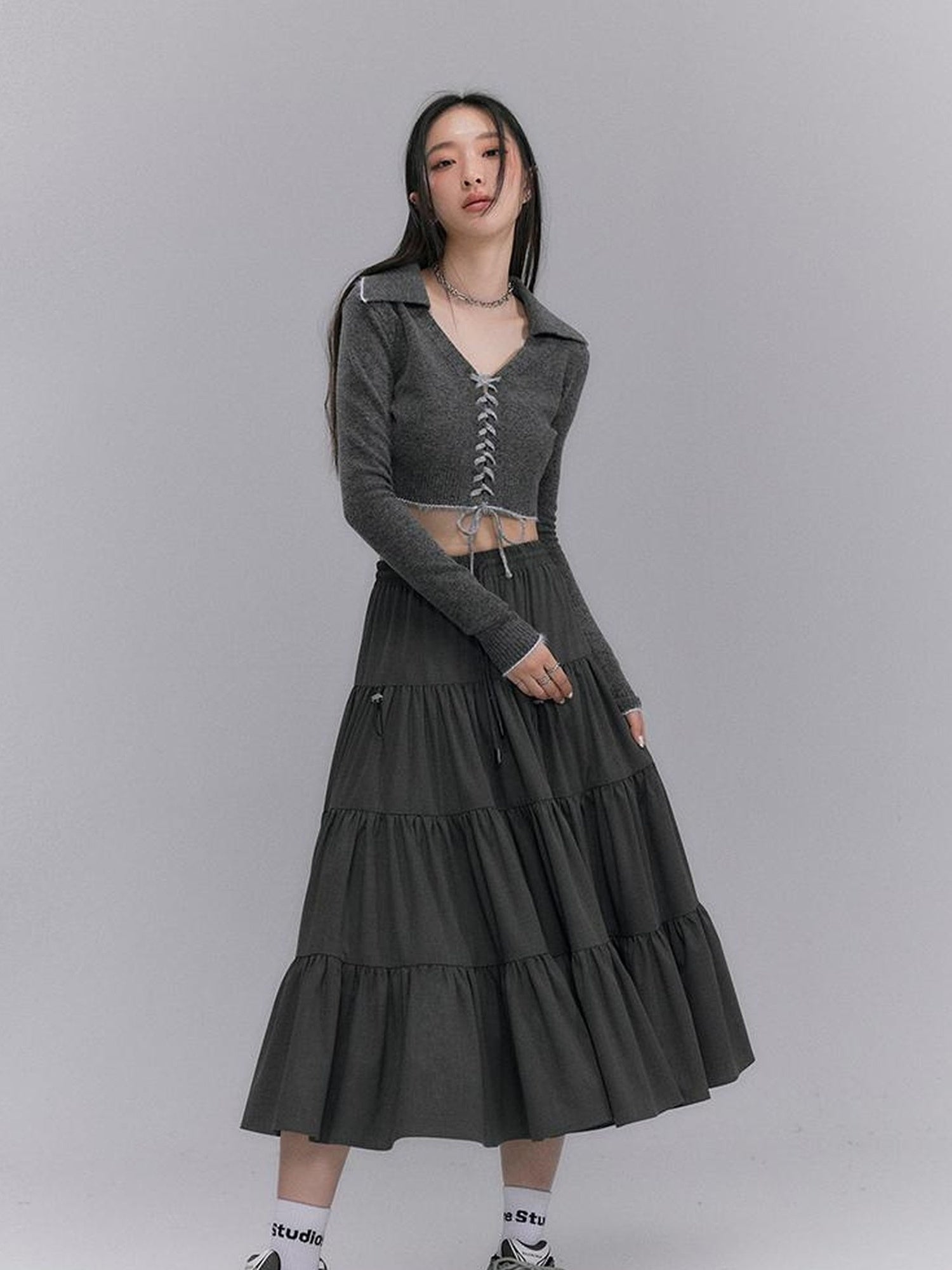 DIDDI MODA Casual Khaki Tiered A Line Skirt With Layered Ruffles