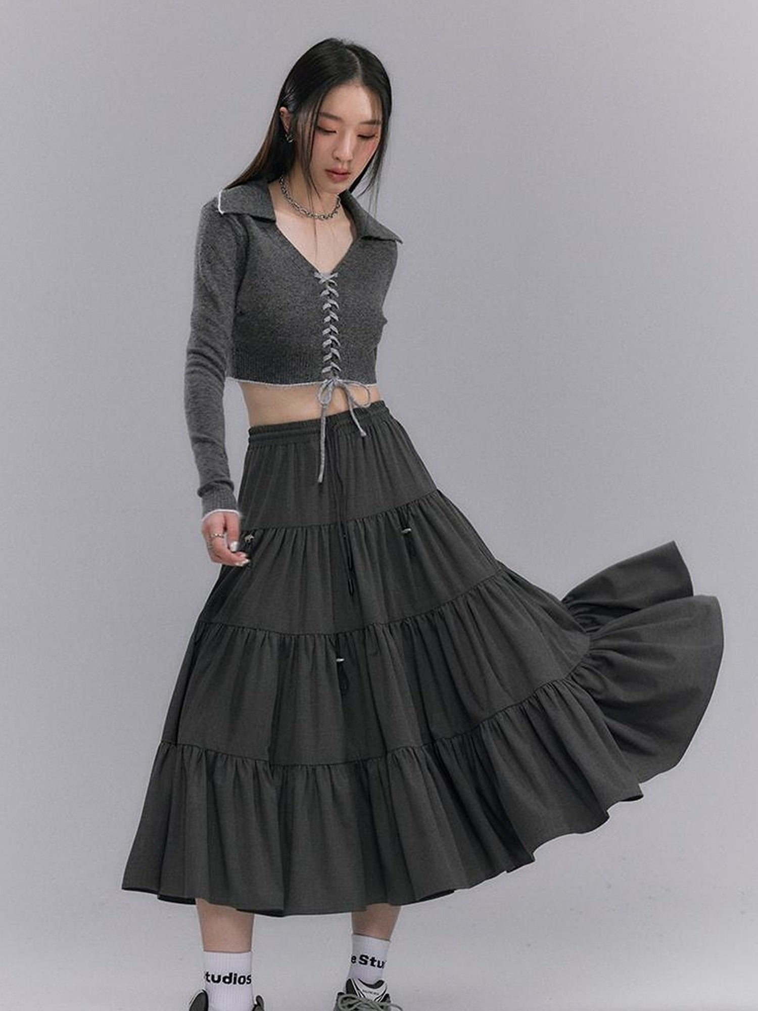 DIDDI MODA Casual Khaki Tiered A Line Skirt With Layered Ruffles