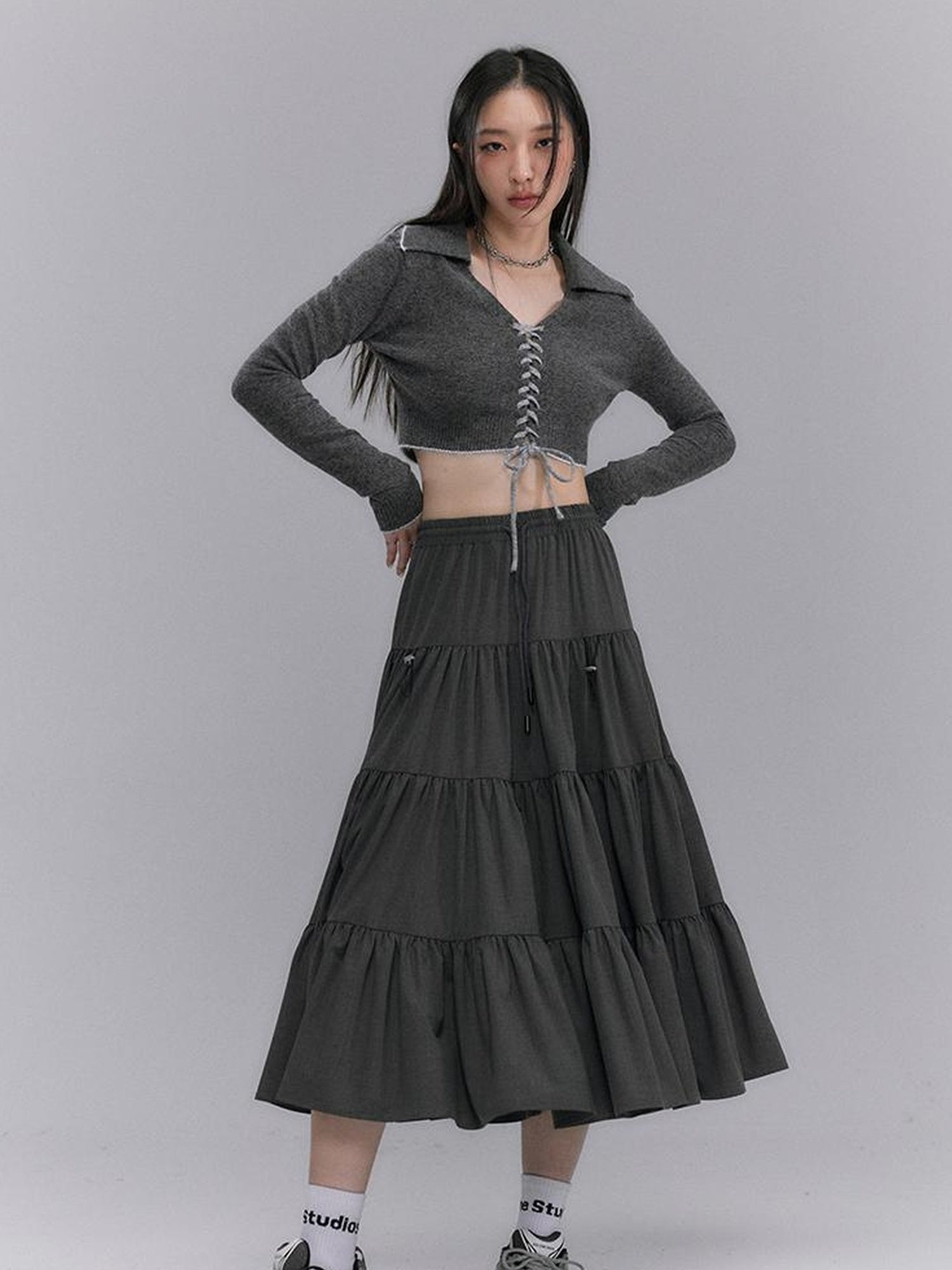DIDDI MODA Casual Khaki Tiered A Line Skirt With Layered Ruffles