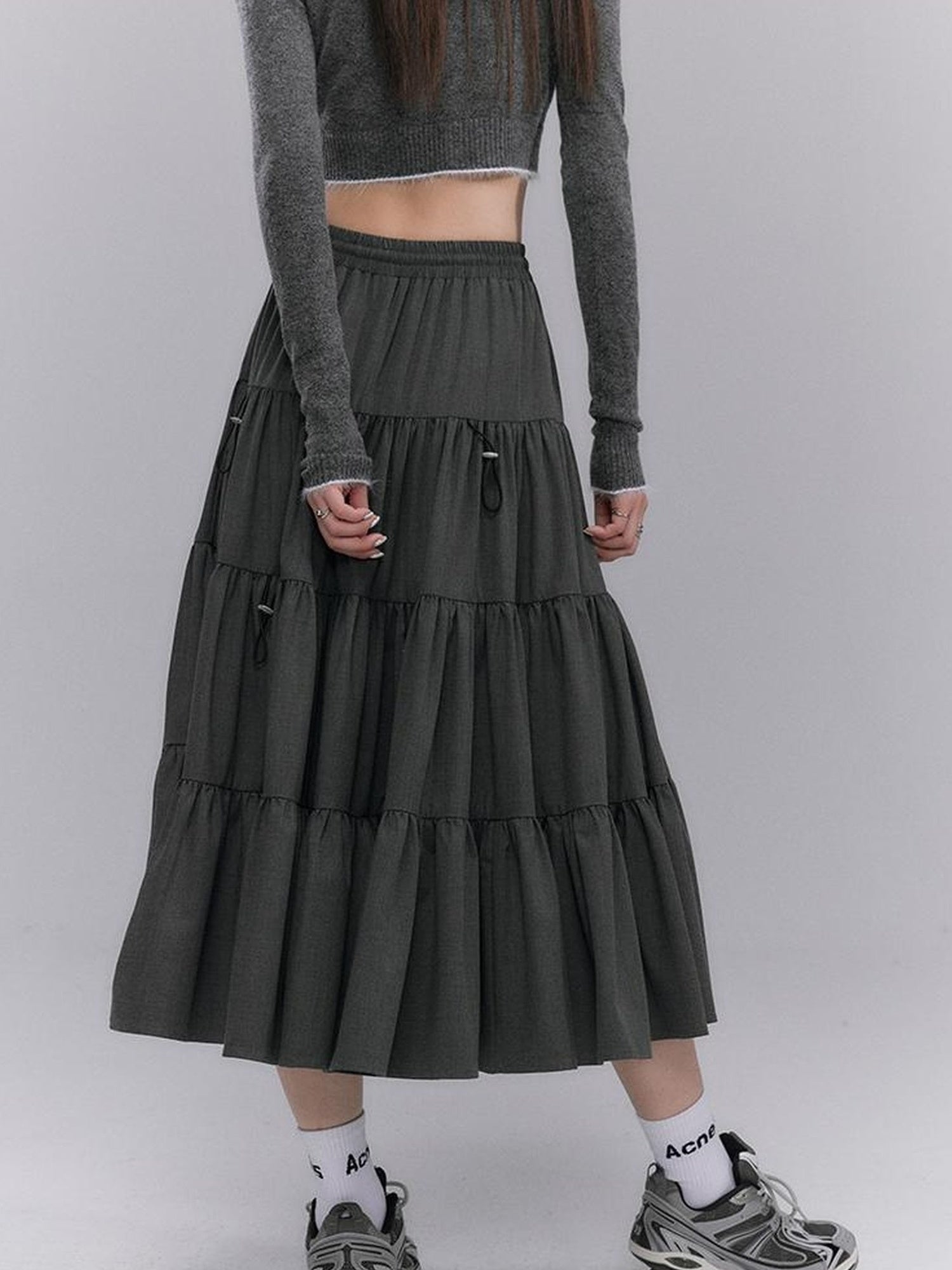 DIDDI MODA Casual Khaki Tiered A Line Skirt With Layered Ruffles