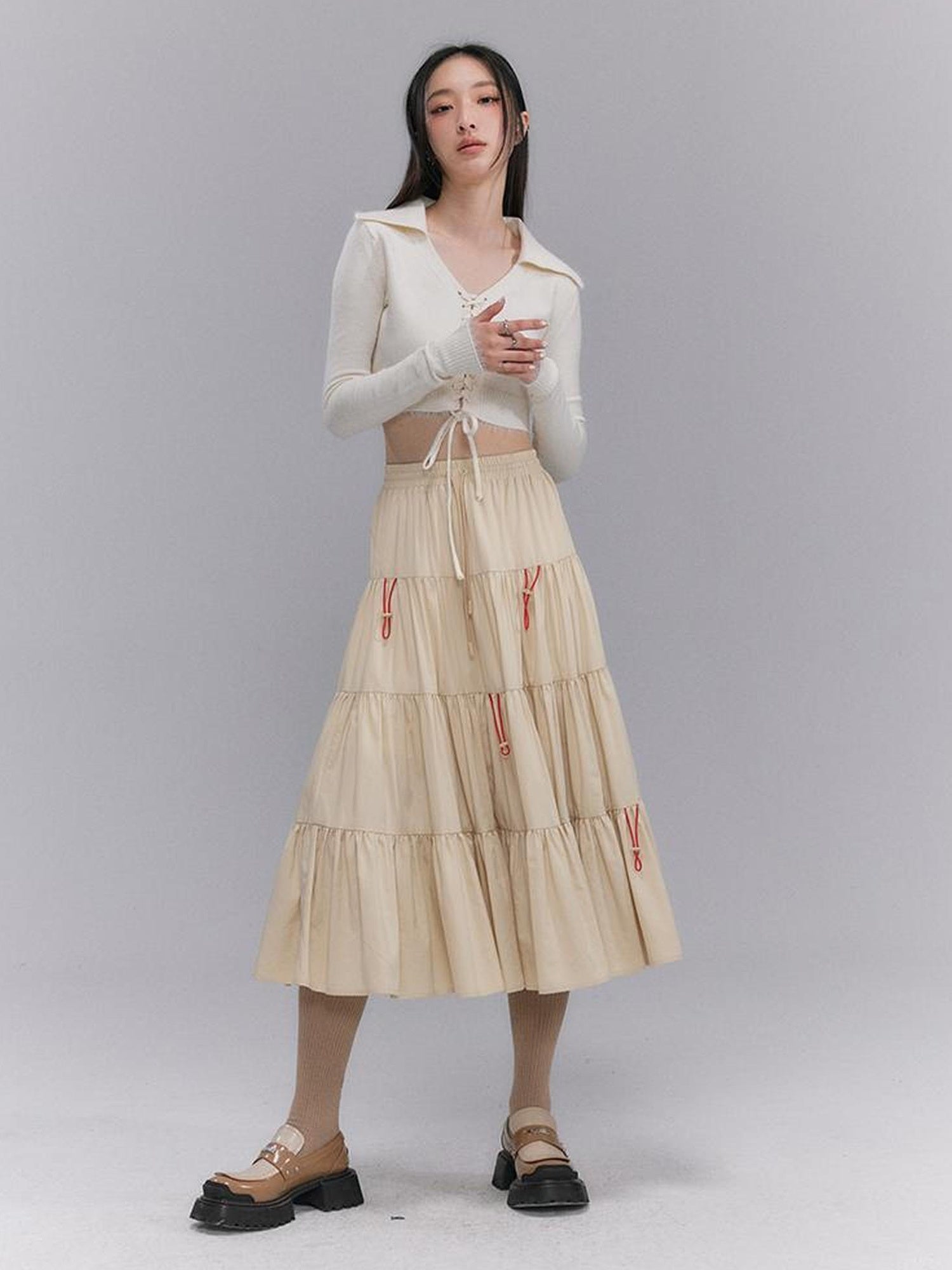DIDDI MODA Casual Khaki Tiered A Line Skirt With Layered Ruffles