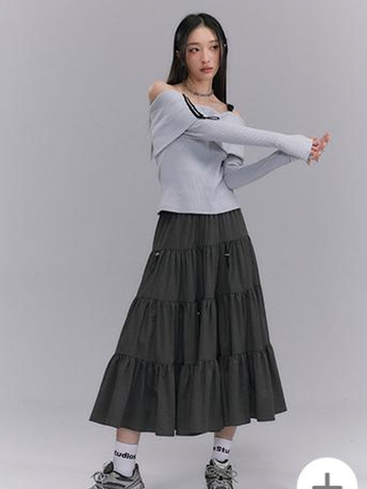 DIDDI MODA Casual Khaki Tiered A Line Skirt With Layered Ruffles