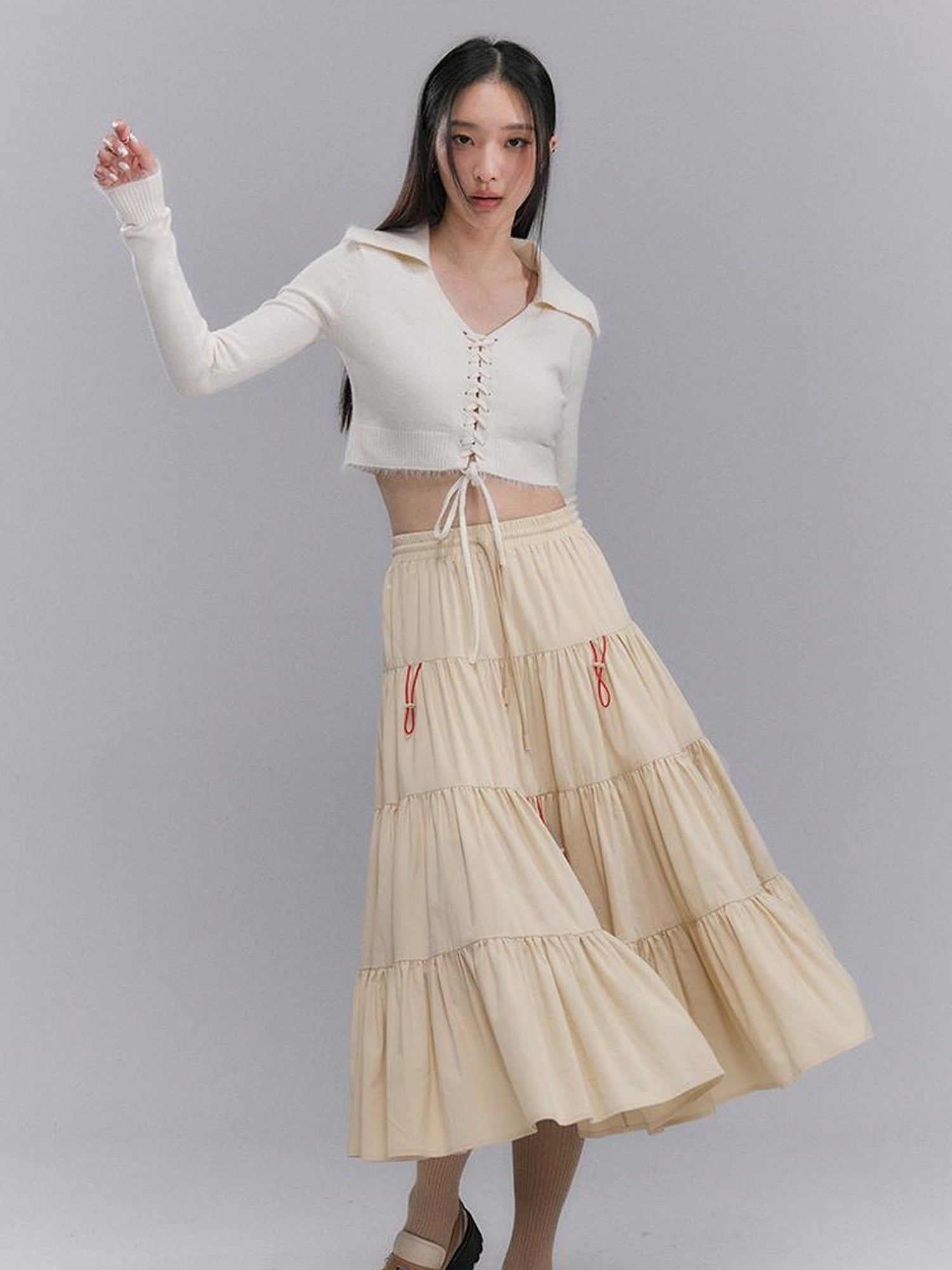 DIDDI MODA Casual Khaki Tiered A Line Skirt With Layered Ruffles