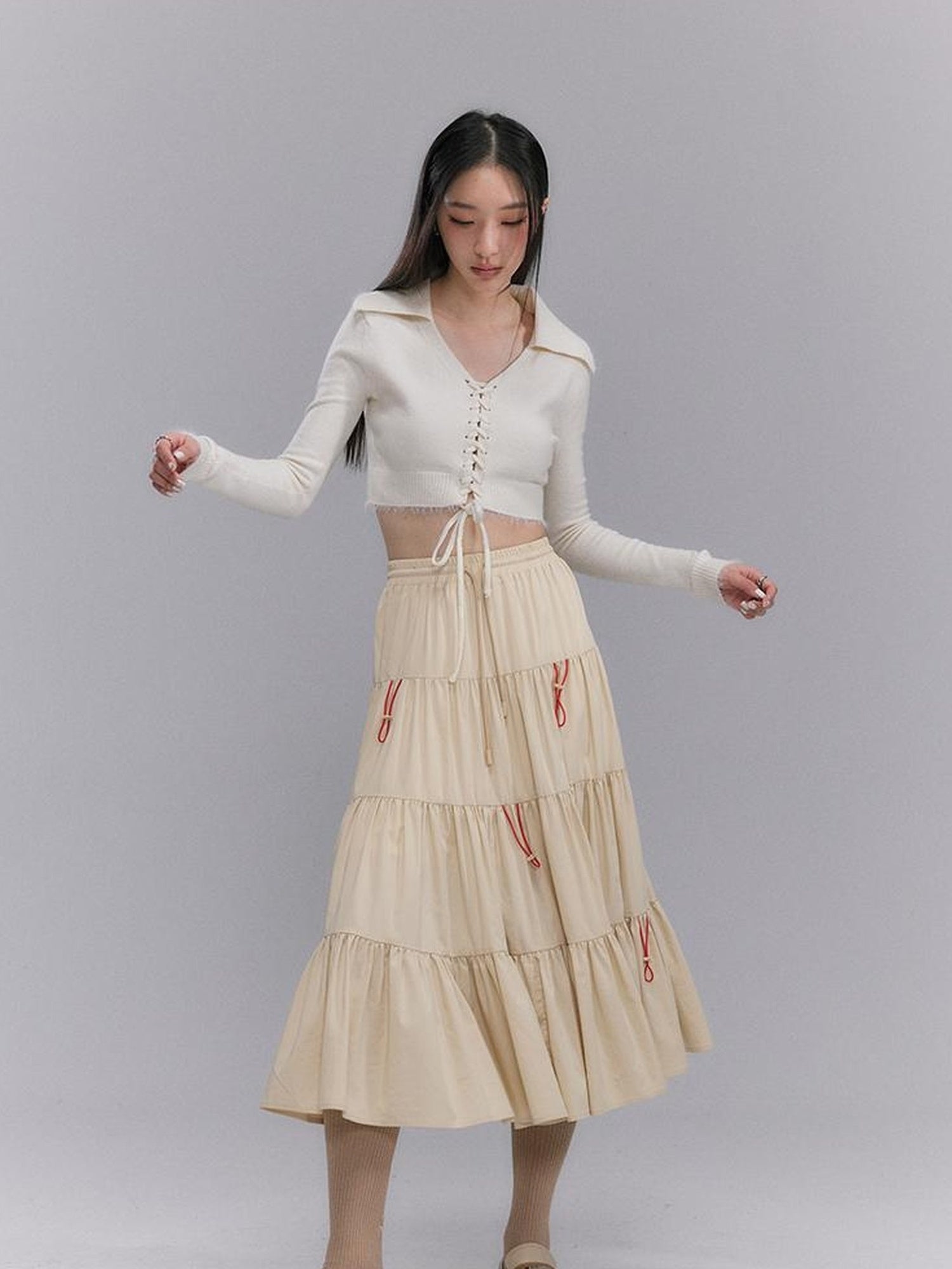 DIDDI MODA Casual Khaki Tiered A Line Skirt With Layered Ruffles