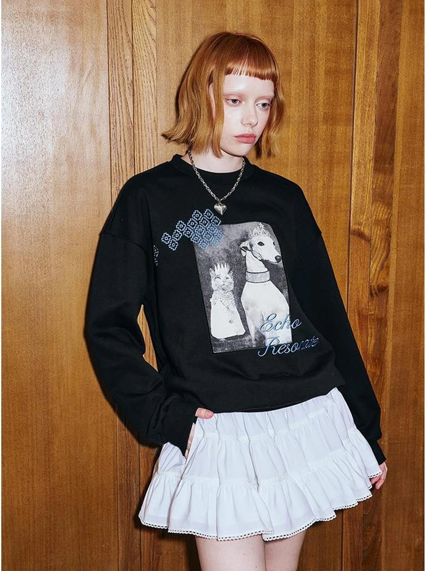 Cat Dog Crown Embroidered Loose Cotton Sweatshirt