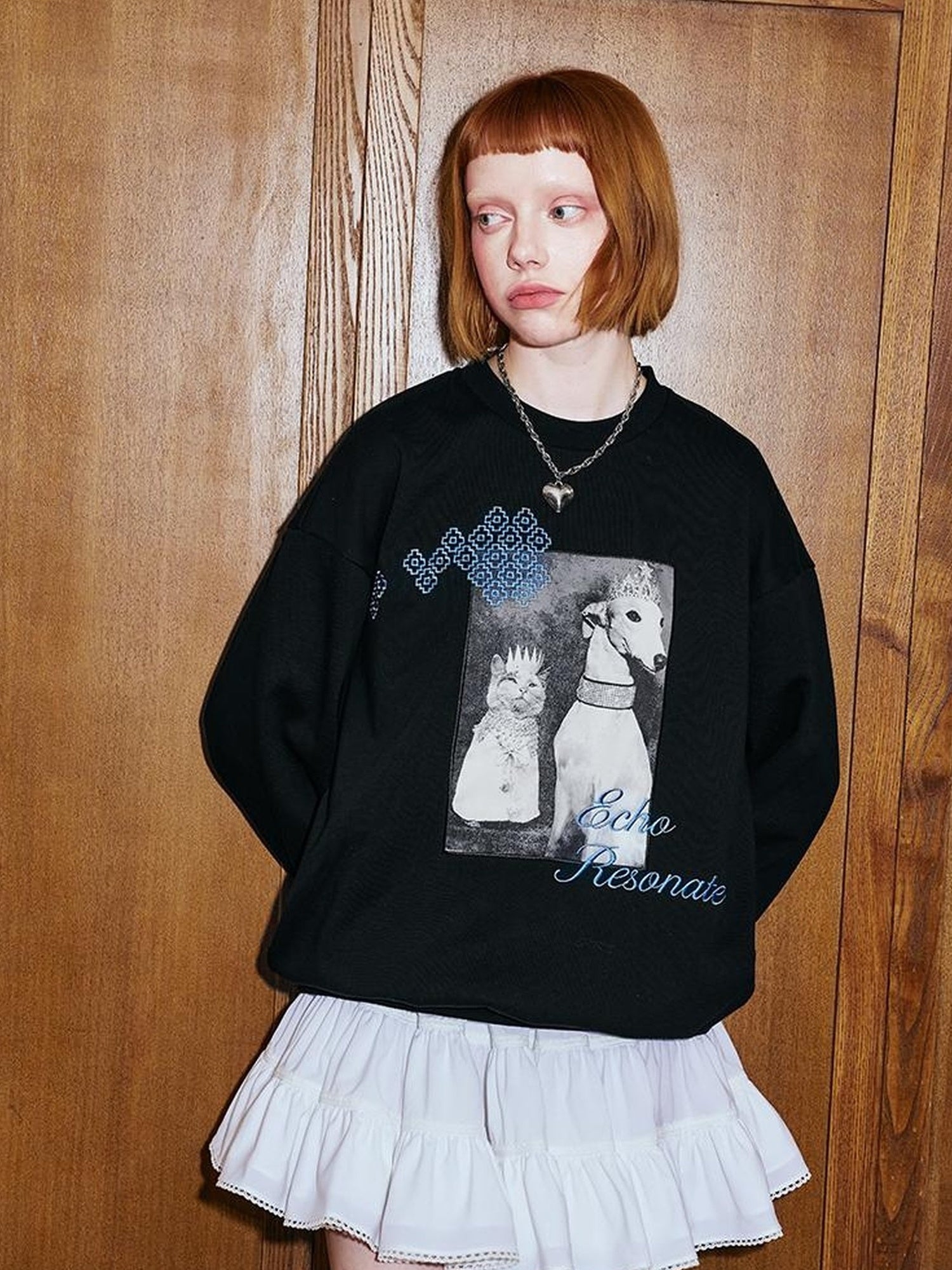 DIDDI MODA Cat Dog Crown Embroidered Loose Cotton Sweatshirt