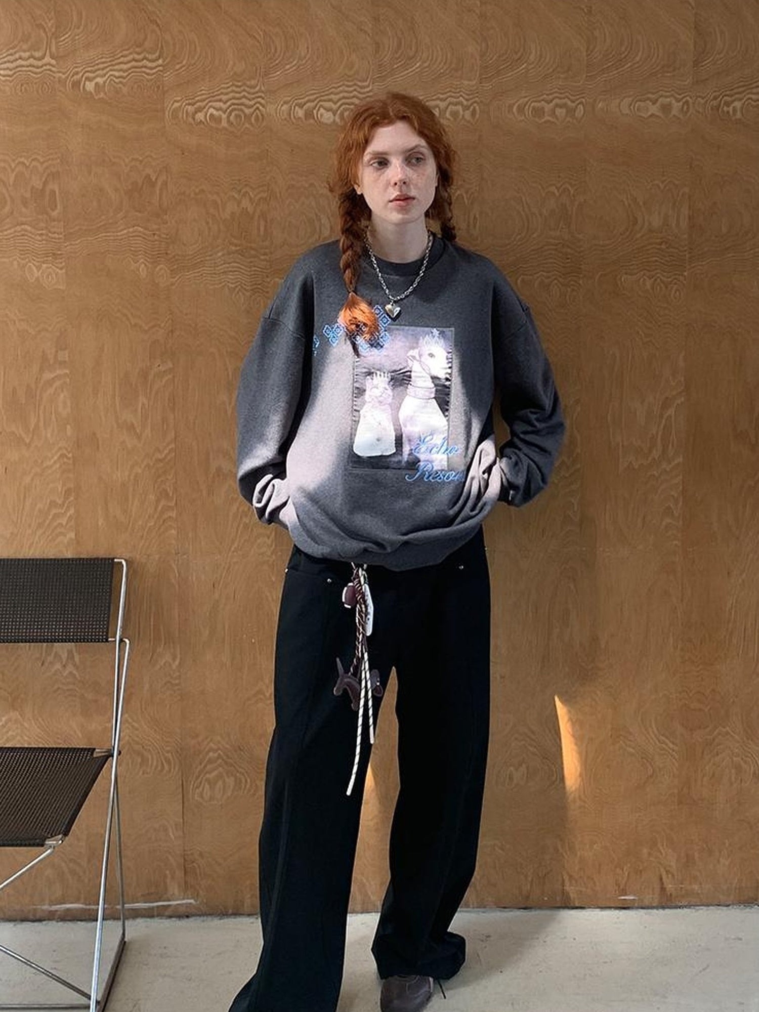 DIDDI MODA Cat Dog Crown Embroidered Loose Cotton Sweatshirt