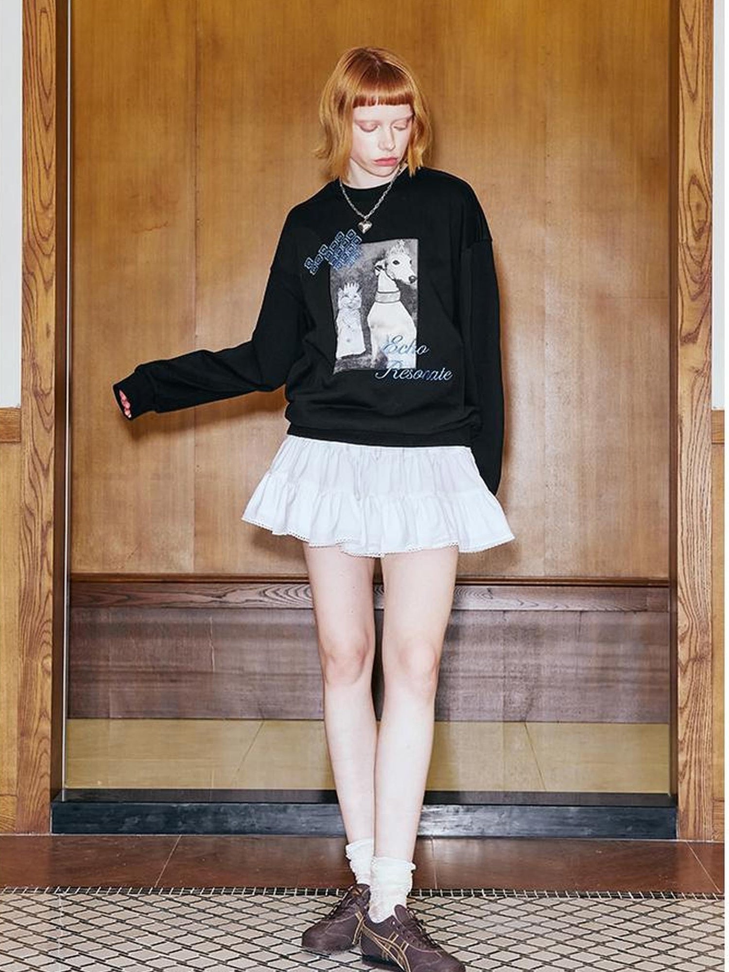 DIDDI MODA Cat Dog Crown Embroidered Loose Cotton Sweatshirt