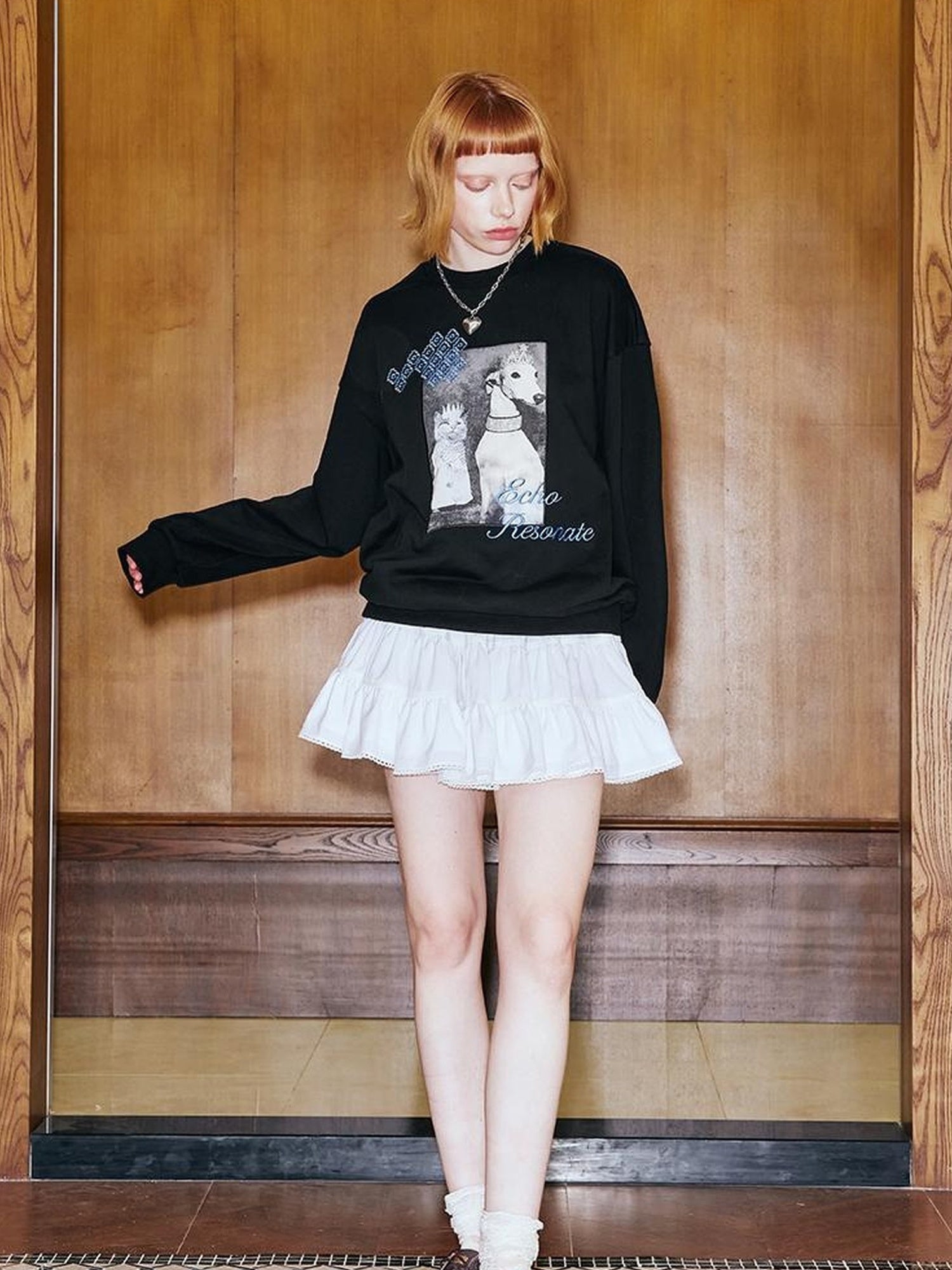DIDDI MODA Cat Dog Crown Embroidered Loose Cotton Sweatshirt
