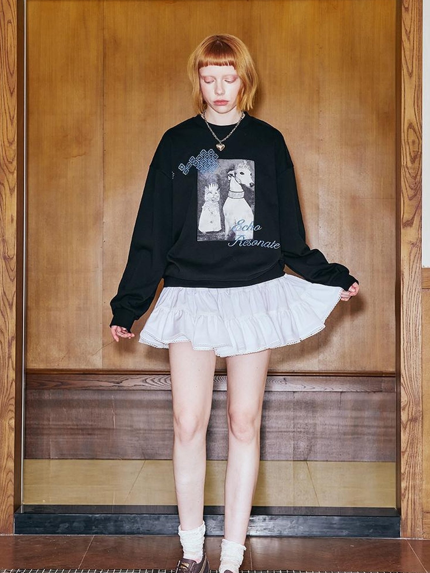 DIDDI MODA Cat Dog Crown Embroidered Loose Cotton Sweatshirt