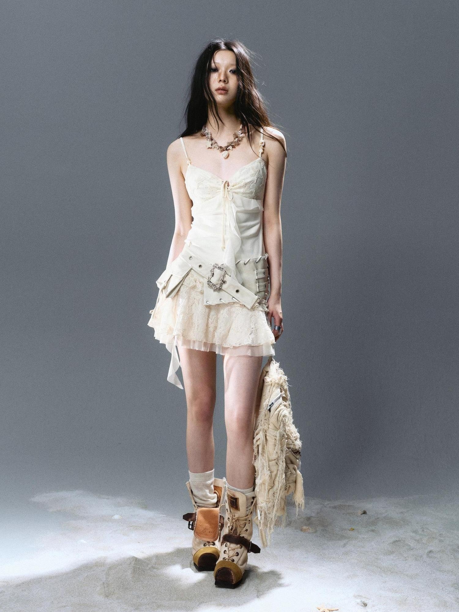 Cest Nous A Line Ruched Tie Belt Mesh Panel Ruffle Women&