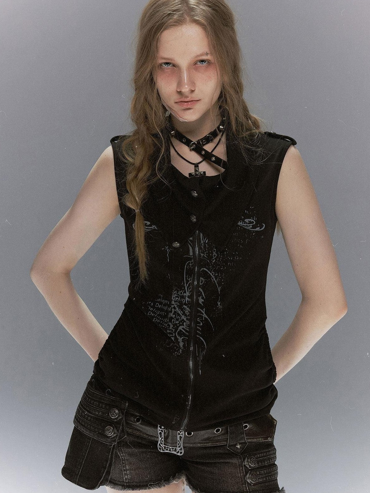 Cest Nous Ancient Sword Cross Print Draped Collar Zipper Women&