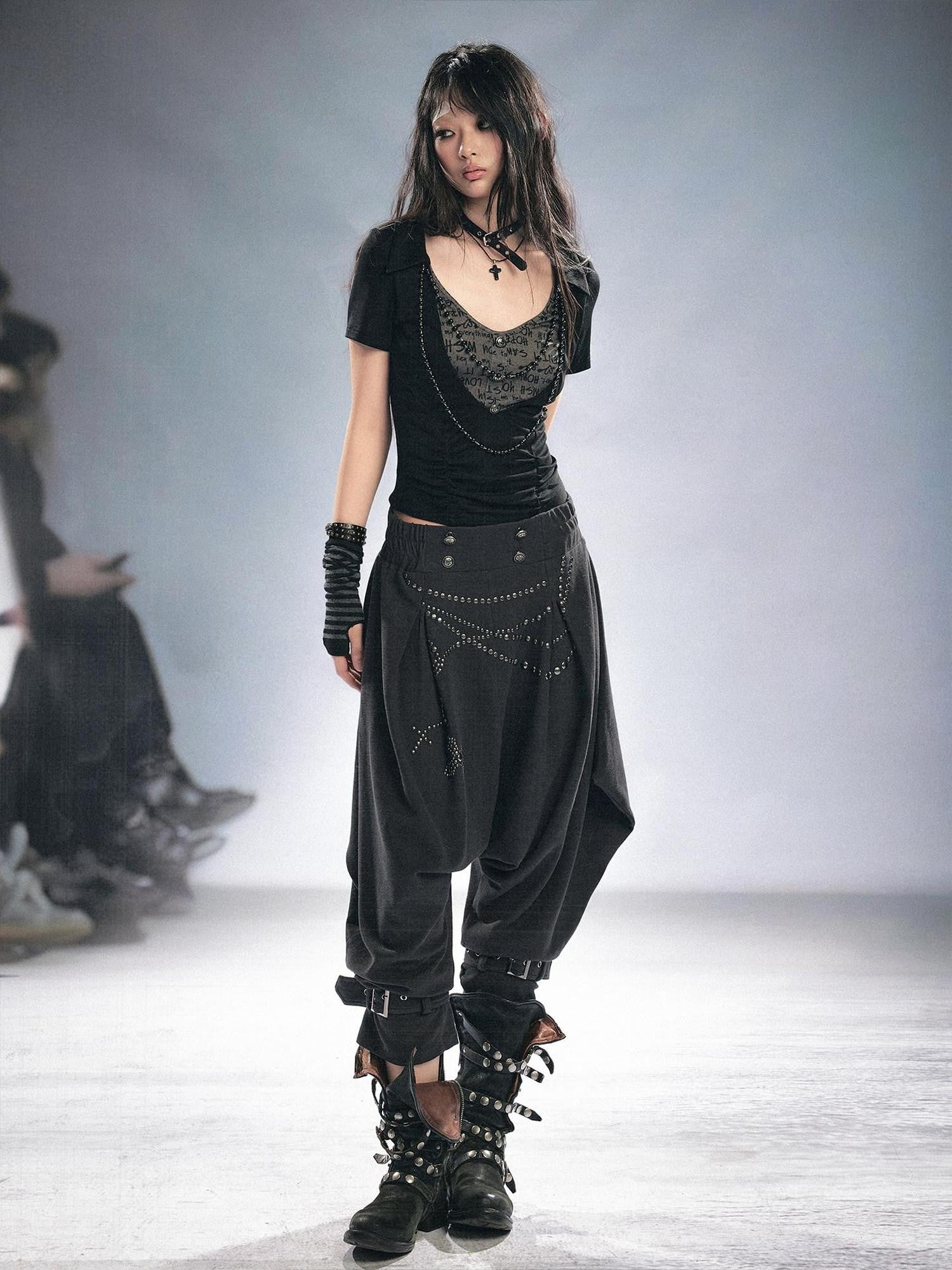 Cest Nous Beaded Letter Print Punk Black Grey Patchwork Women&