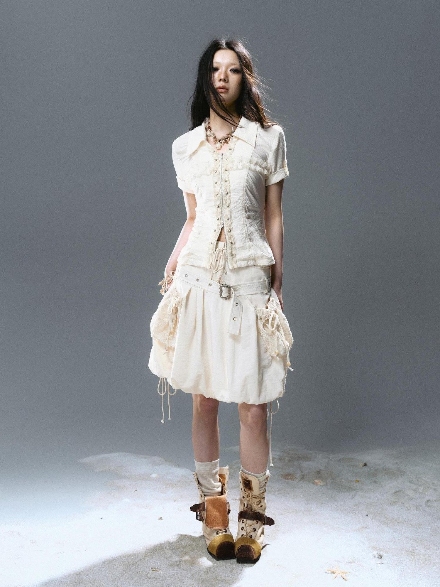 Cest Nous Beige Punk Rivet Tie Bubble Women&