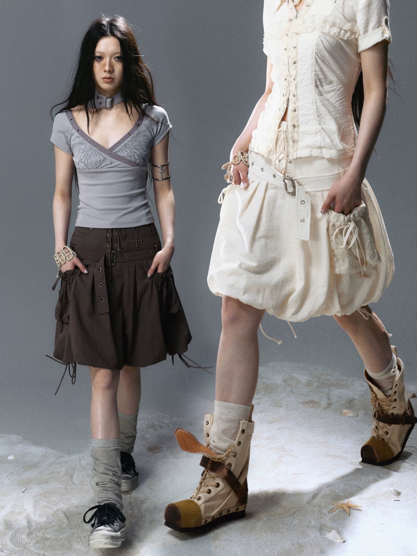 Cest Nous Beige Punk Rivet Tie Bubble Women&