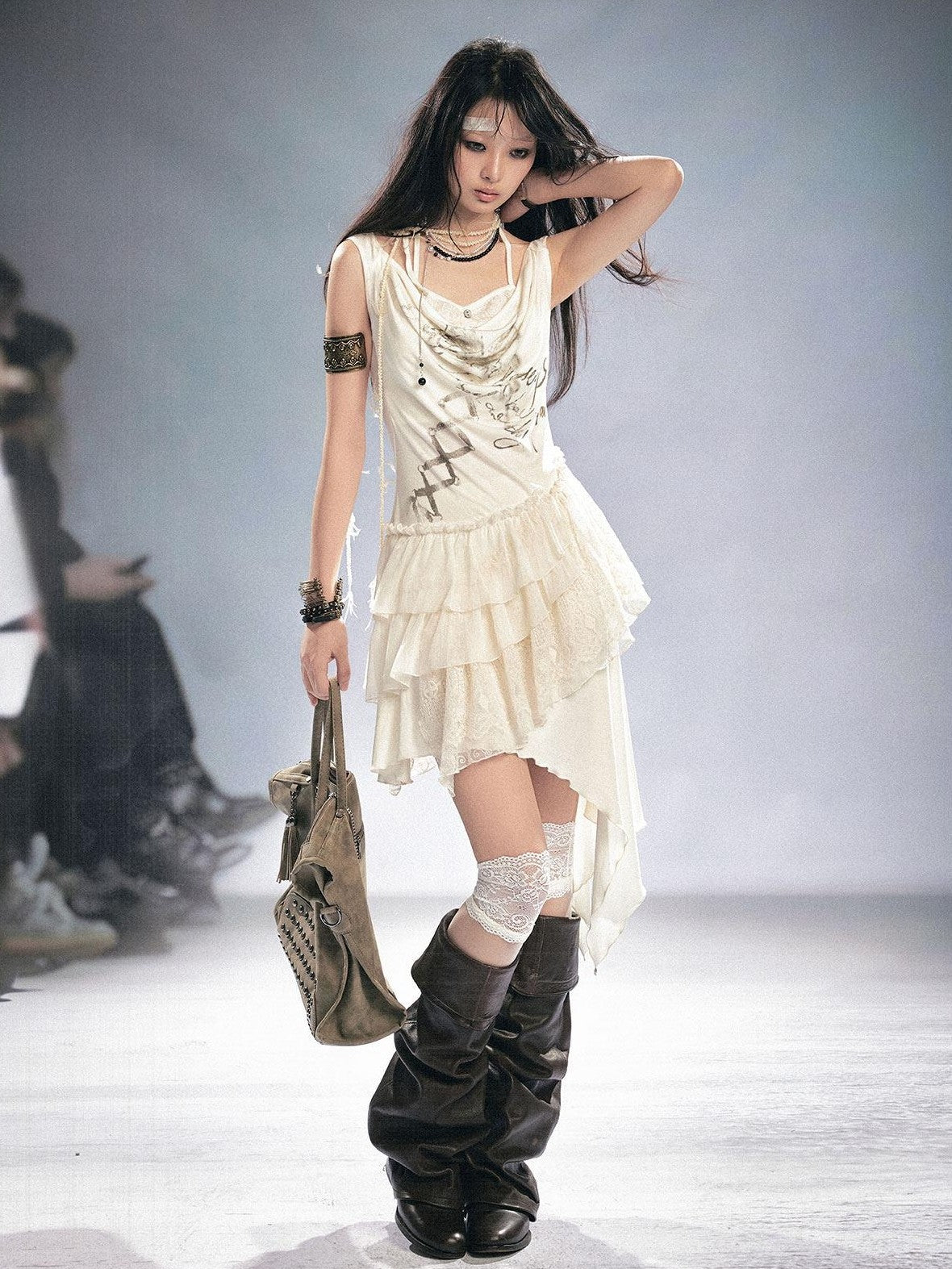 Cest Nous Beige Ruffle Lace Up Printed Spliced Lace Women&