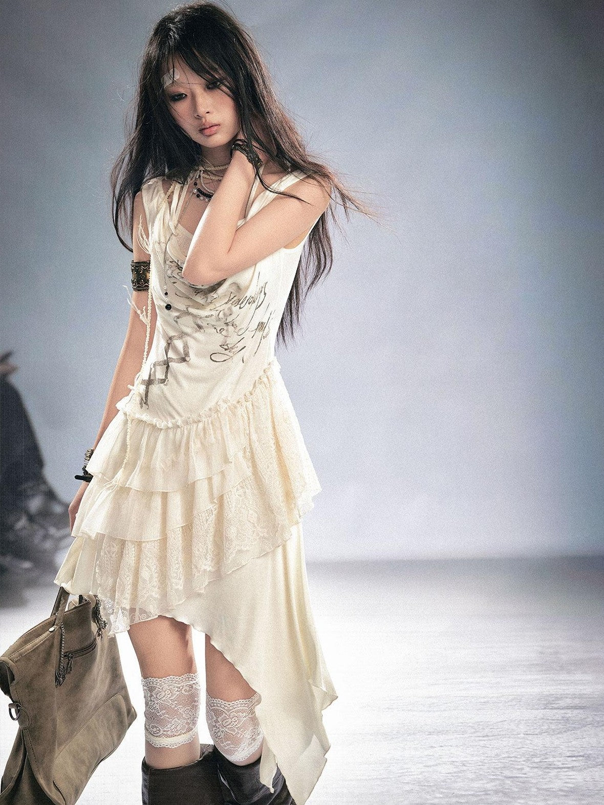 Cest Nous Beige Ruffle Lace Up Printed Spliced Lace Women&