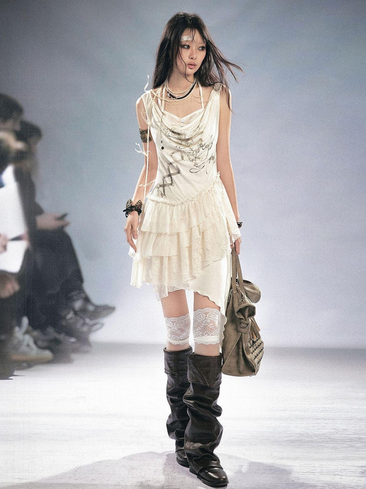 Cest Nous Beige Ruffle Lace Up Printed Spliced Lace Women&
