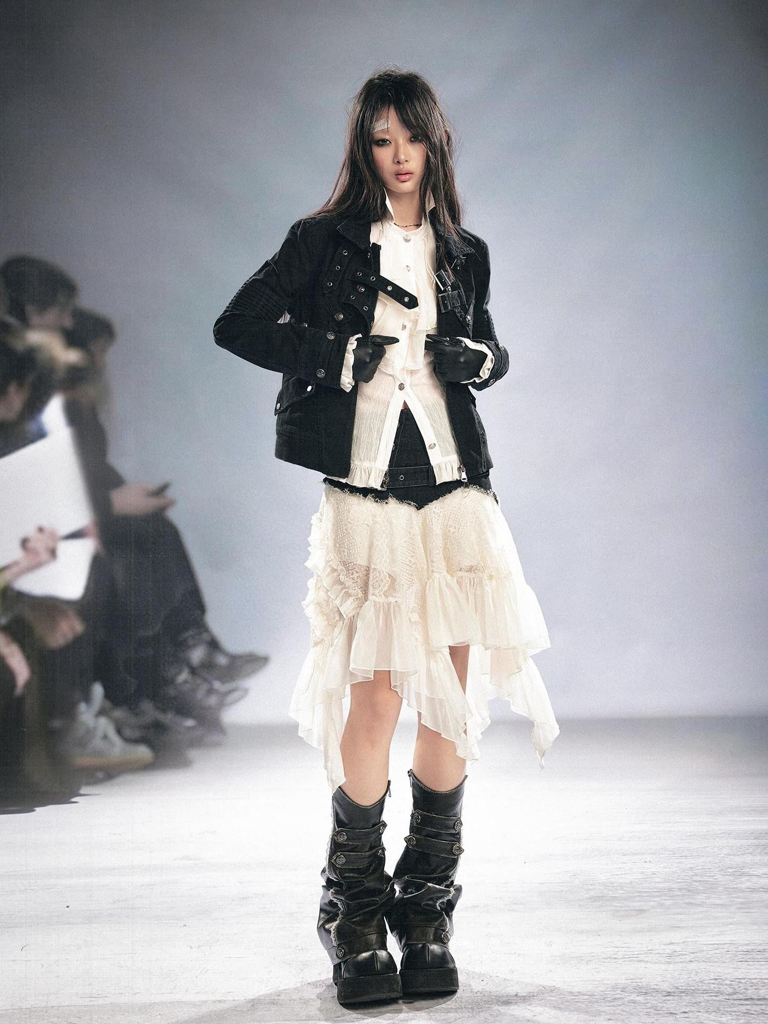 Cest Nous Black Lace Trim Buckle Faux Distressed Women&