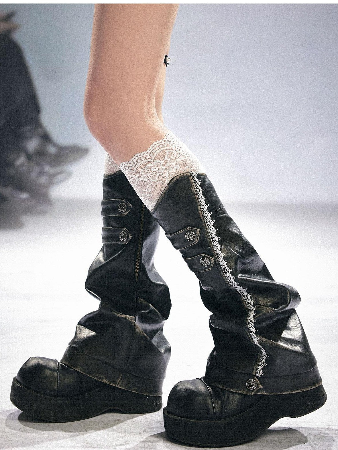 Cest Nous Black Lace Trim Buckle Faux Distressed Women&