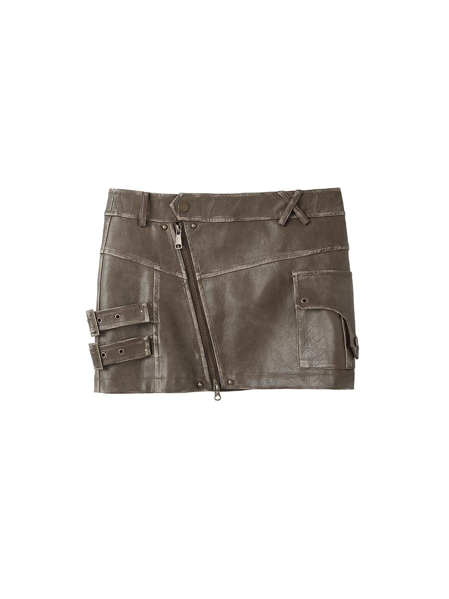 Cest Nous Brown Distressed Asymmetrical Butterfly Leather Mini Skirt
