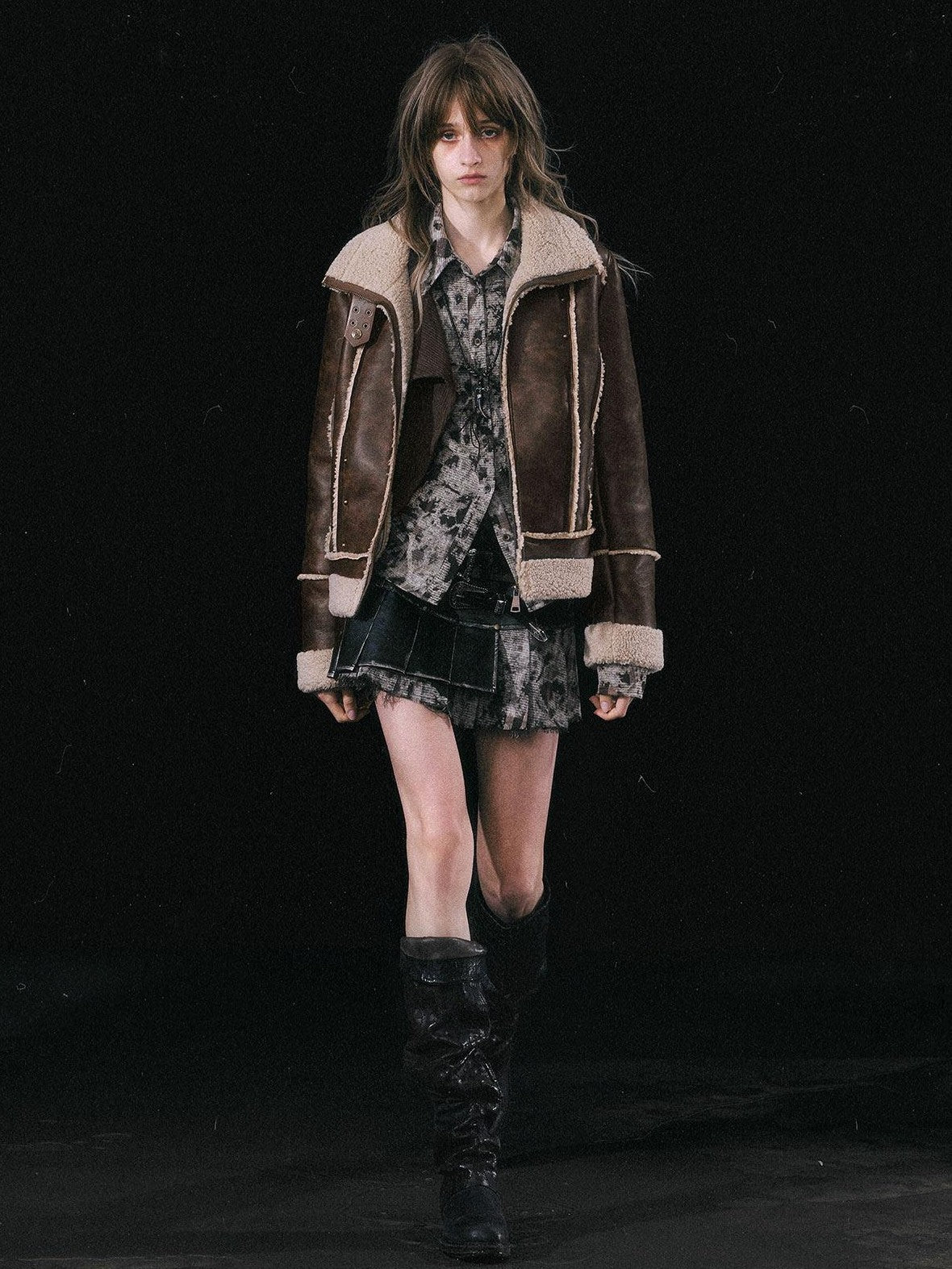 Cest Nous Brown Patchwork Biker Collar Women&
