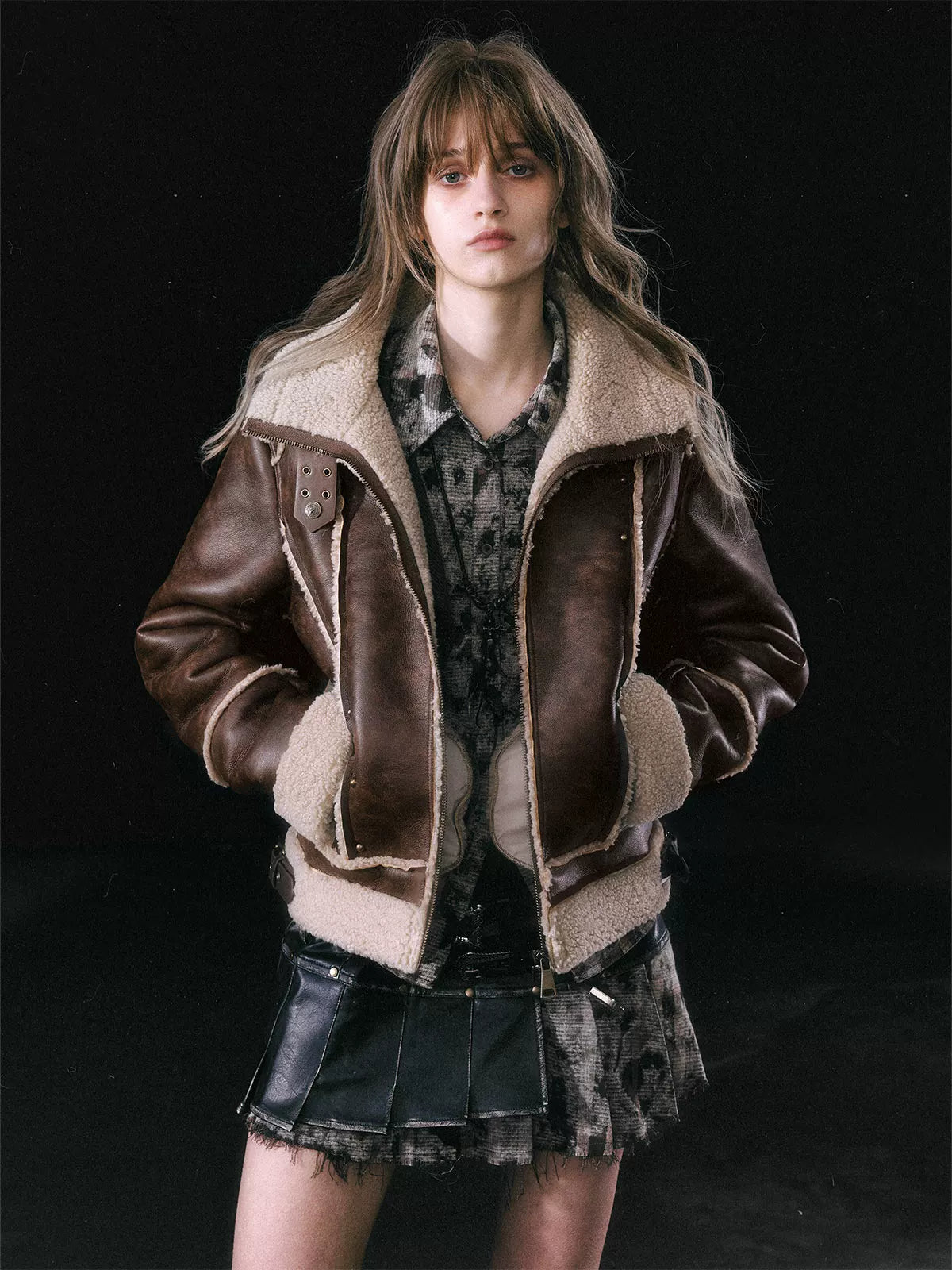 Cest Nous Brown Patchwork Biker Collar Women&