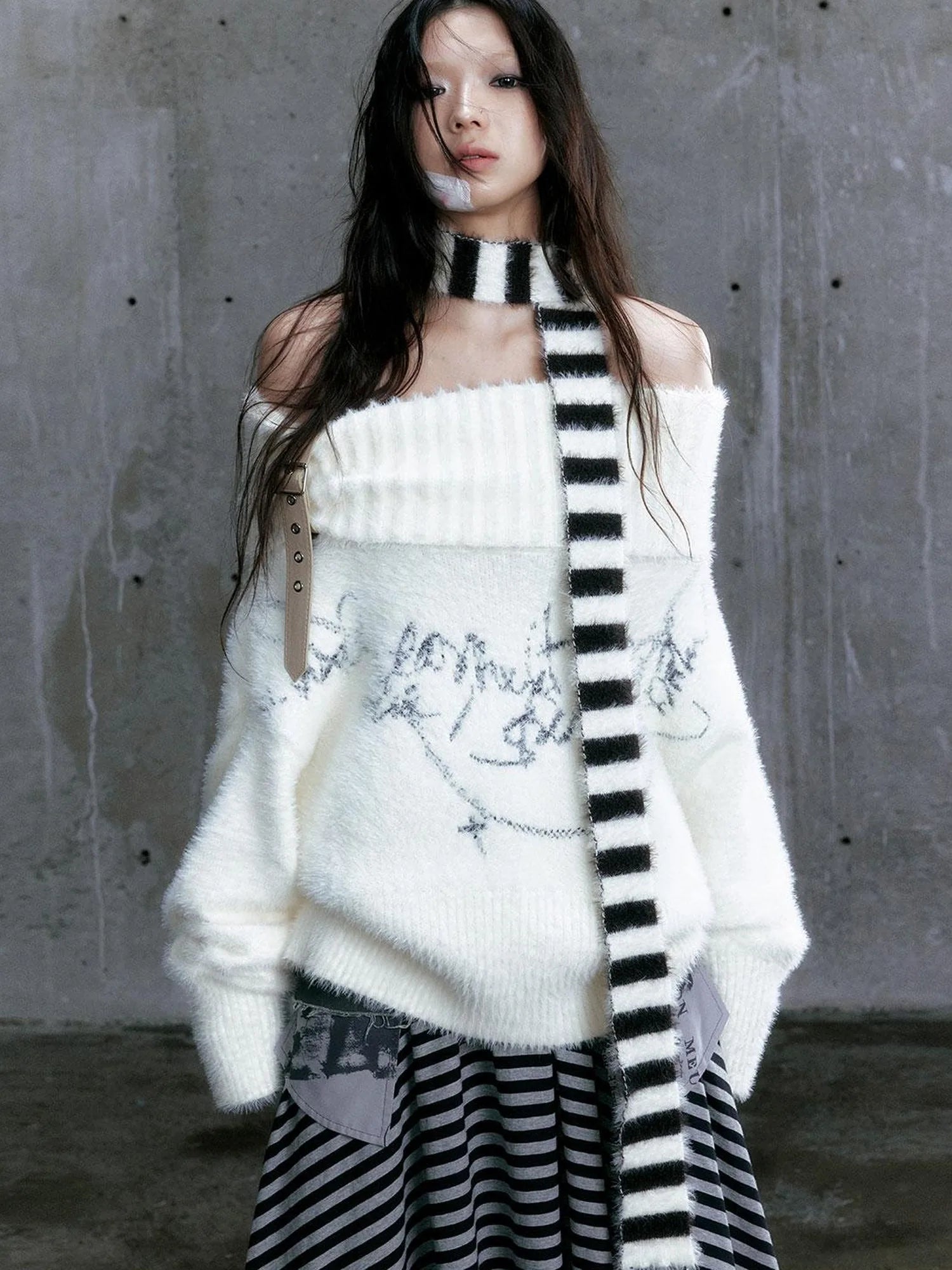 Chain Jacquard Detachable Belt Punk Collar Loose Sweater