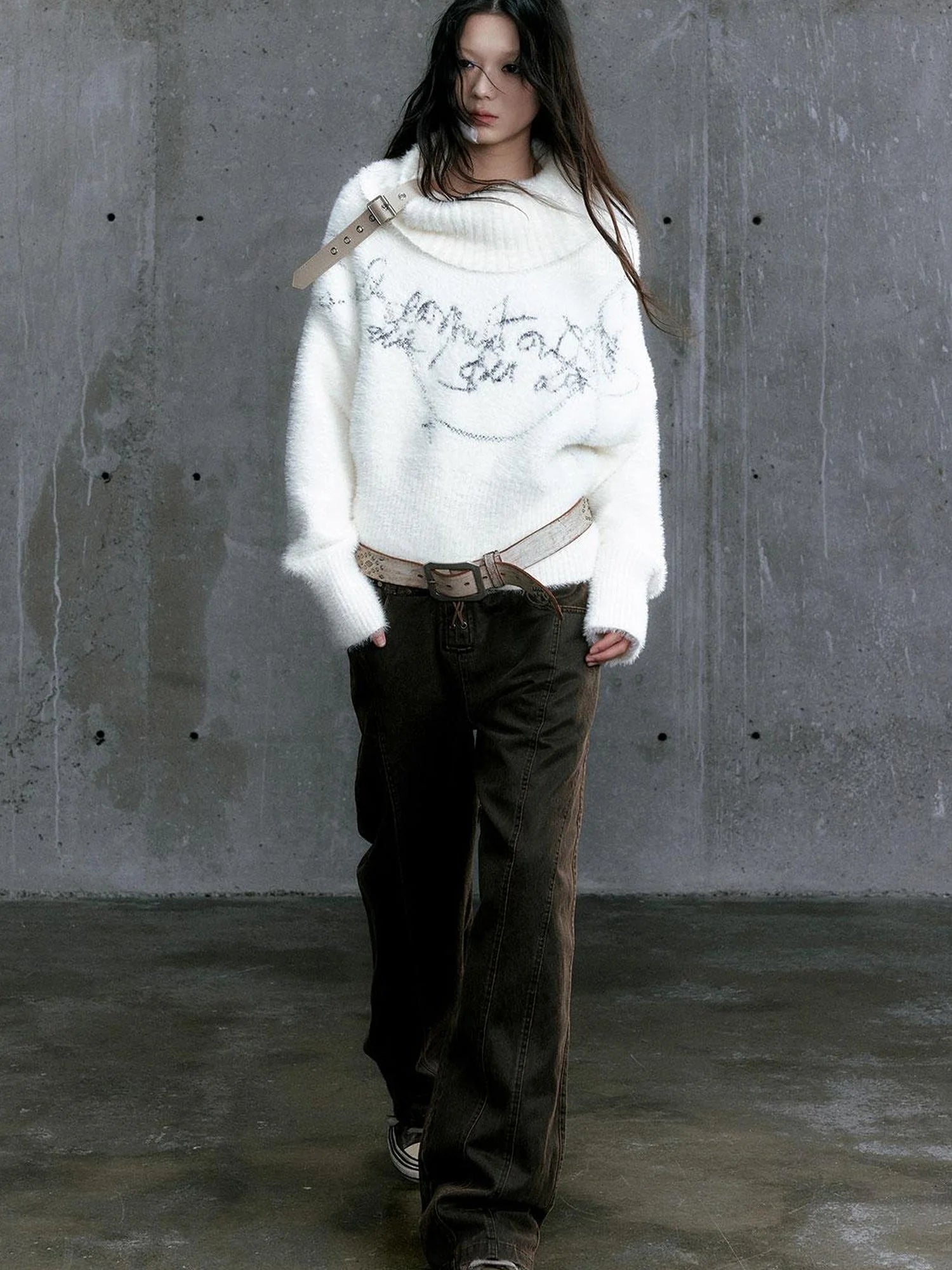 Chain Jacquard Detachable Belt Punk Collar Loose Sweater