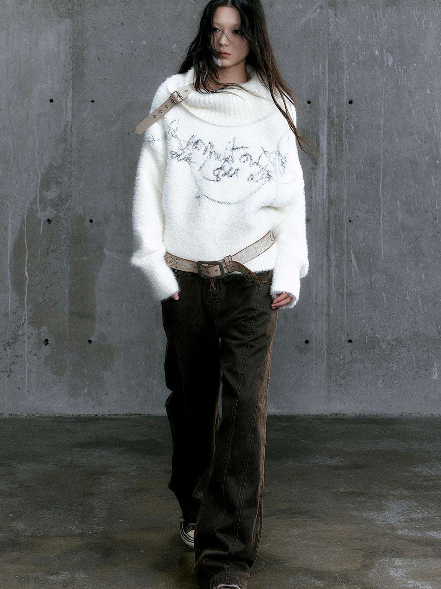 Update Cest Nous Chain Jacquard Detachable Belt Punk Collar Loose Sweater